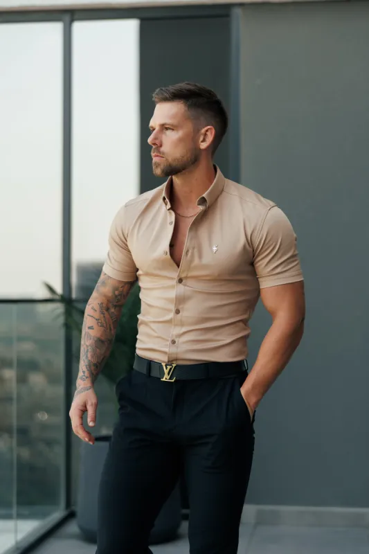 FS Super Slim Stretch Light Tan Denim Short Sleeve with Button Down Collar - FS1133 sold by Father Sons