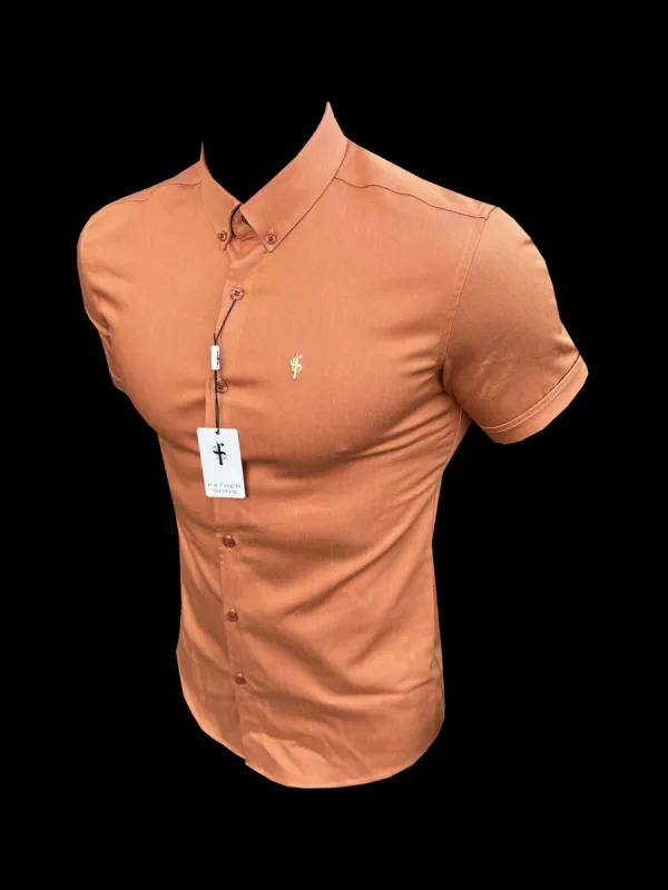 FS Super Slim Stretch Orange Denim Short Sleeve with Button Down Collar - FS1137 sold by Father Sons