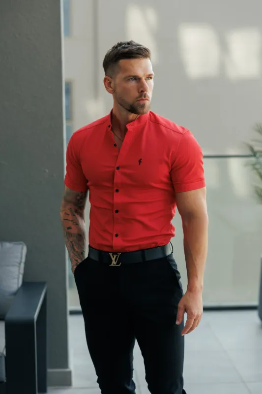 FS Super Slim Stretch Postbox Red Denim Short Sleeve with Grandad Collar - FS1141 sold by Father Sons