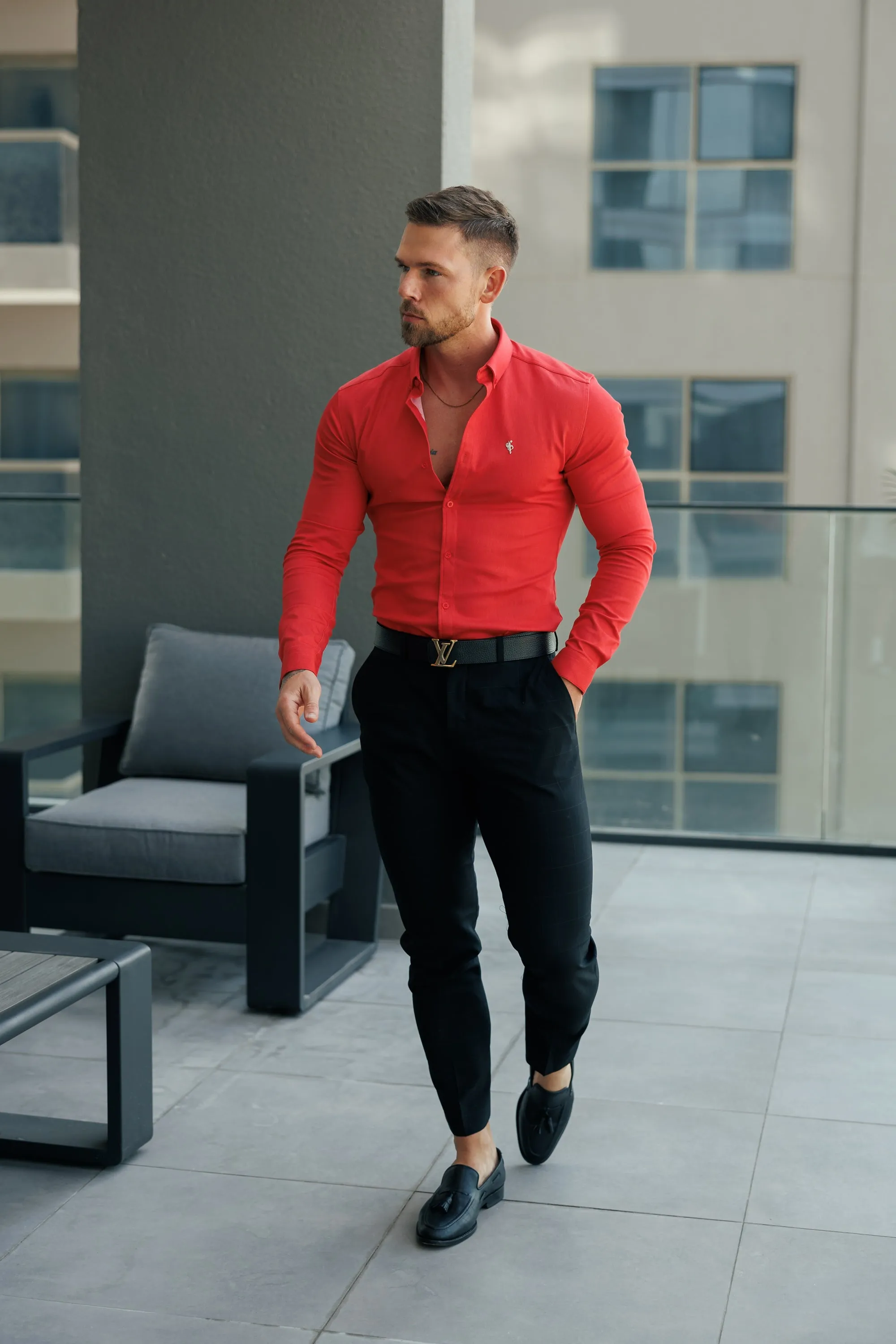 FS Super Slim Stretch Postbox Red Denim Long Sleeve with Button Down Collar - FS1134 sold by Father Sons product image thumbnail 5