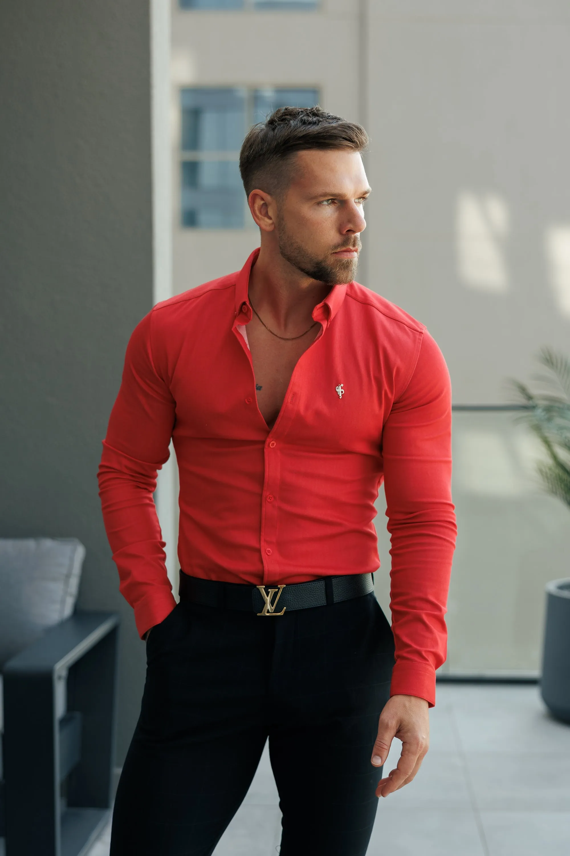 FS Super Slim Stretch Postbox Red Denim Long Sleeve with Button Down Collar - FS1134 sold by Father Sons product image thumbnail 3