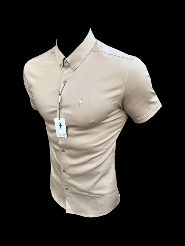 Super Slim Stretch Taupe Denim Short Sleeve with Button Down Collar Gold Metal Decal - FS1131 sold by Father Sons