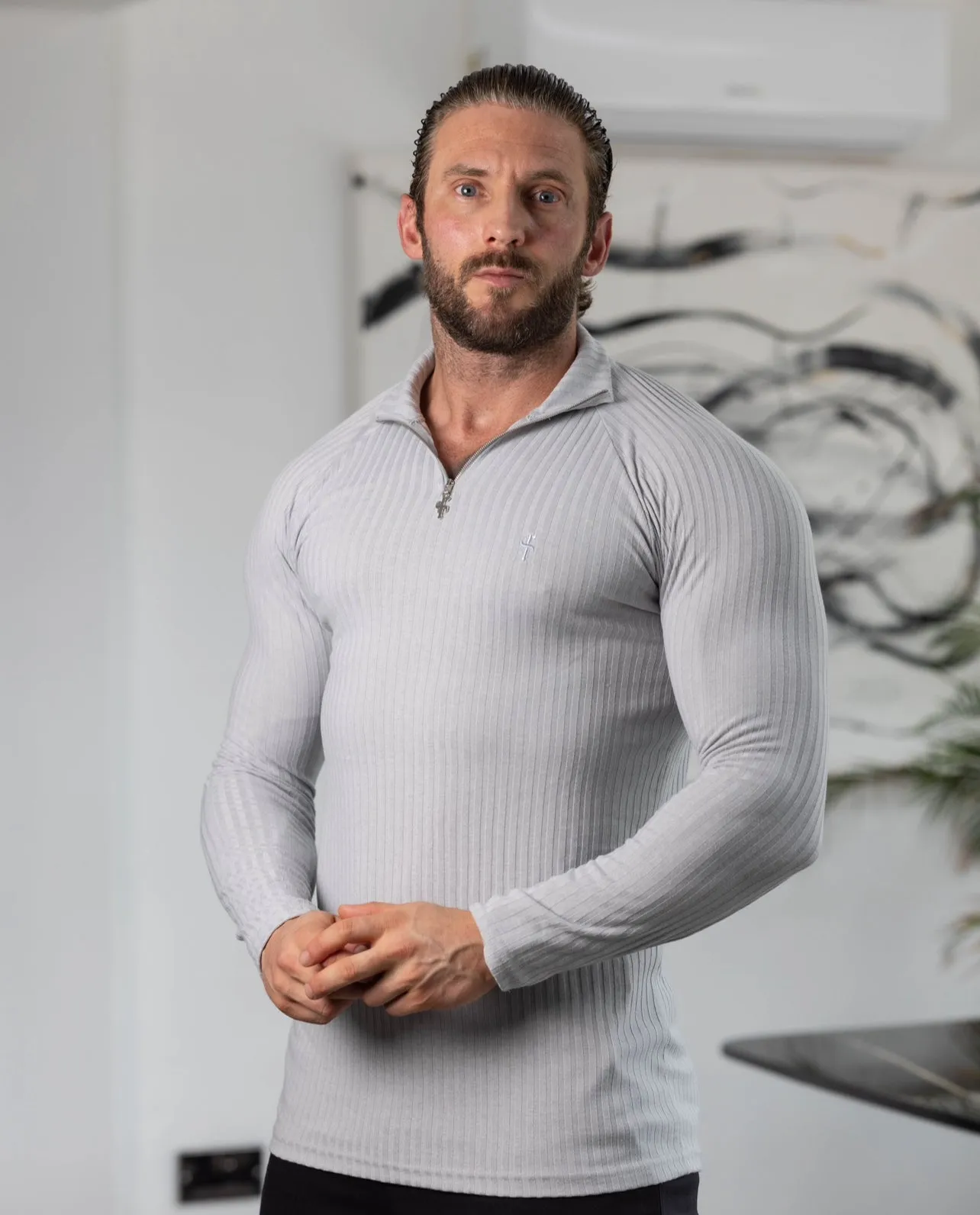 Classic Light Grey Ribbed Zip Funnel Neck Raglan Long Sleeve Crew - FSH1294 sold by Father Sons product image thumbnail 3