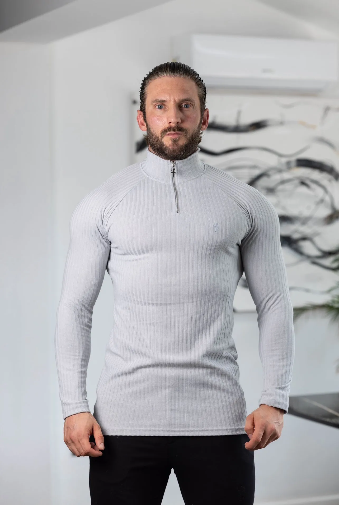 Classic Light Grey Ribbed Zip Funnel Neck Raglan Long Sleeve Crew - FSH1294 sold by Father Sons