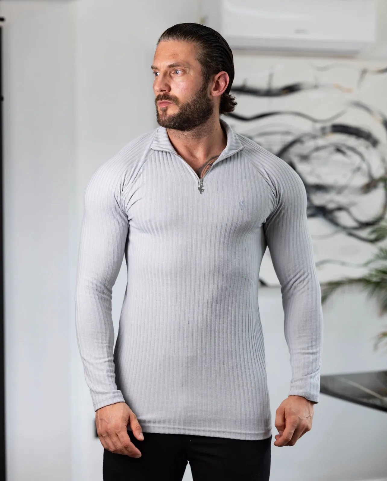 Classic Light Grey Ribbed Zip Funnel Neck Raglan Long Sleeve Crew - FSH1294 sold by Father Sons product image thumbnail 2