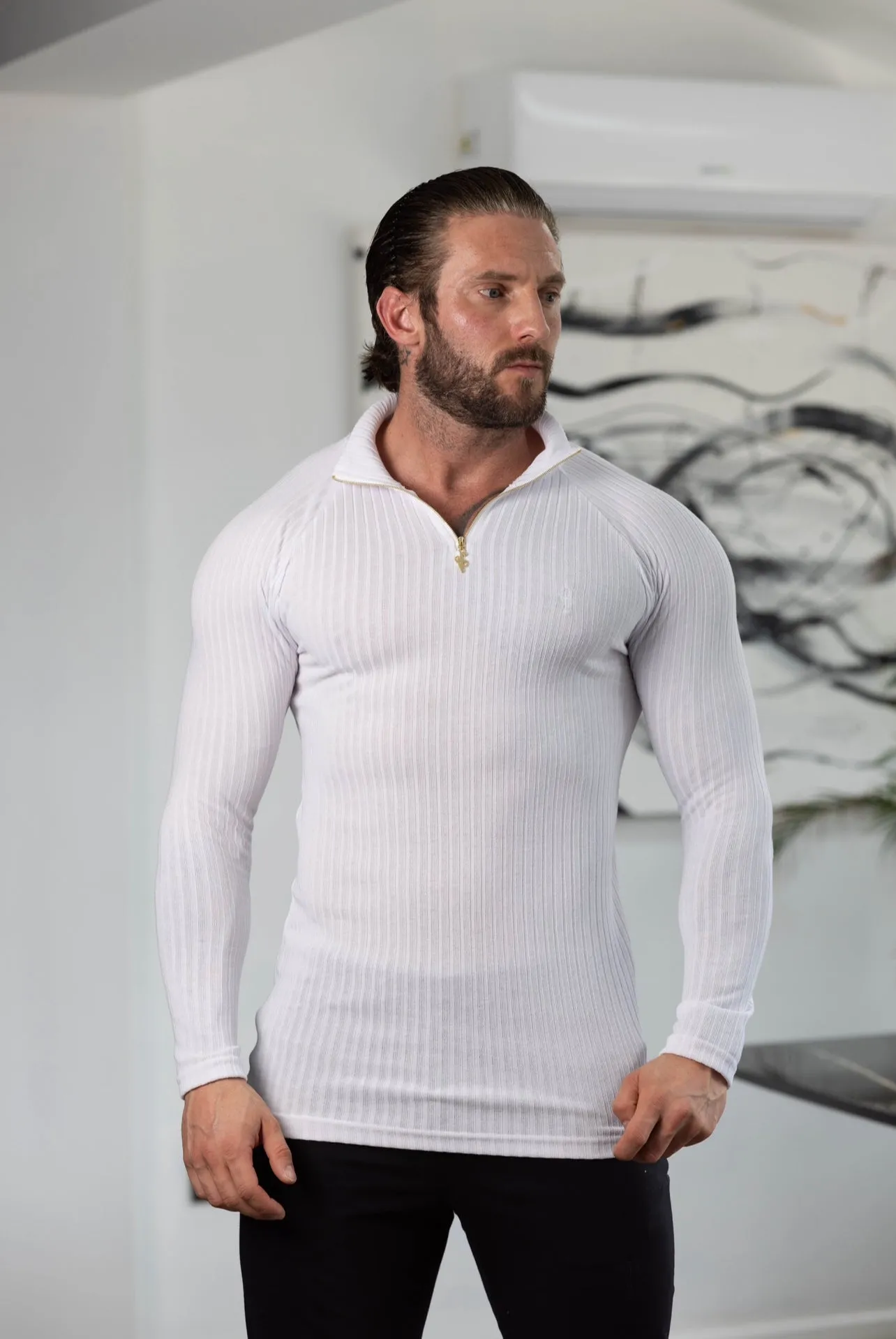 FS Classic White Ribbed Zip Funnel Neck Raglan Long Sleeve Crew - FSH1267 sold by Father Sons