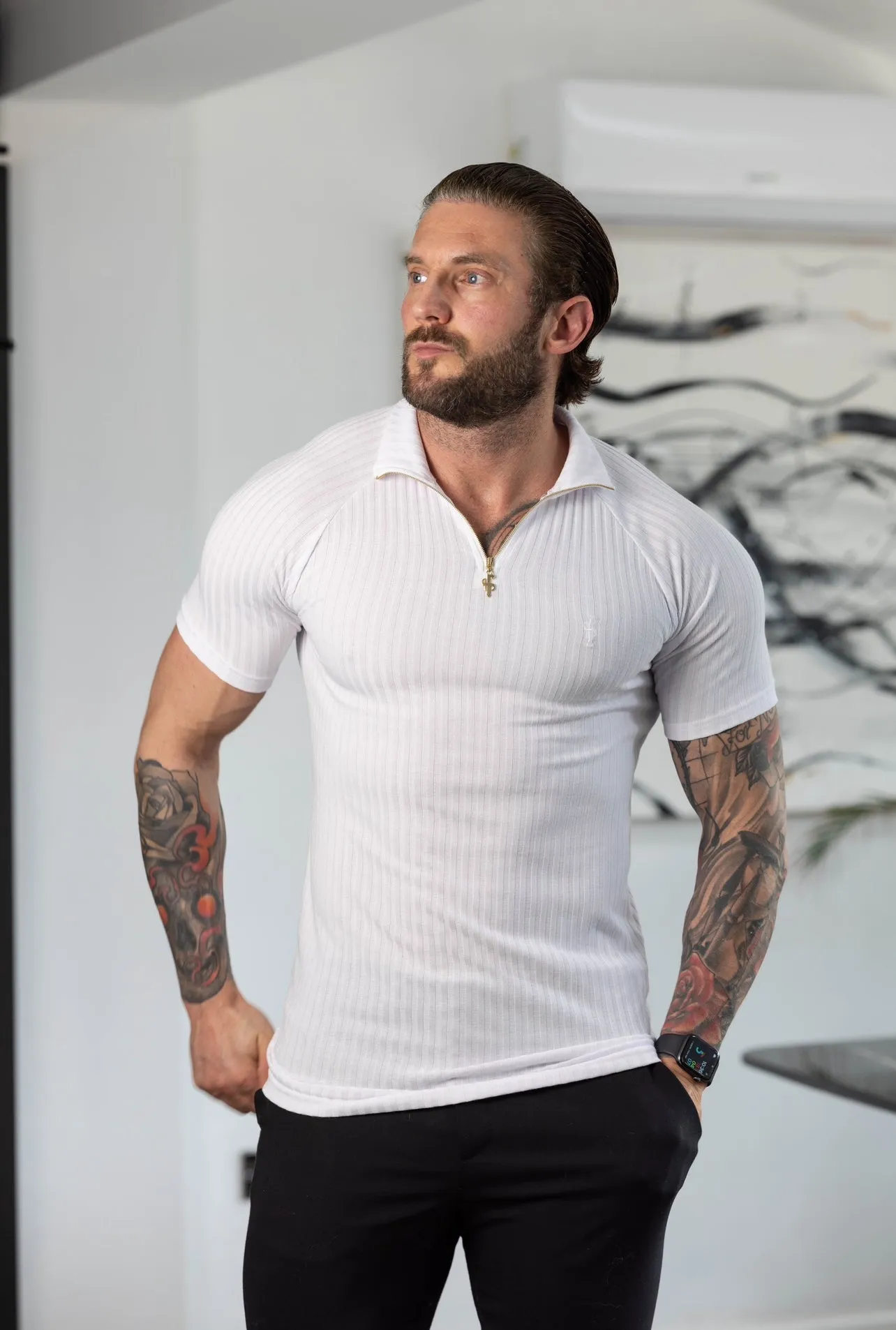 Father Sons Classic White / Gold Ribbed Zip Funnel Neck Raglan Short Sleeve Crew - FSH1266 sold by Father Sons product image thumbnail 5