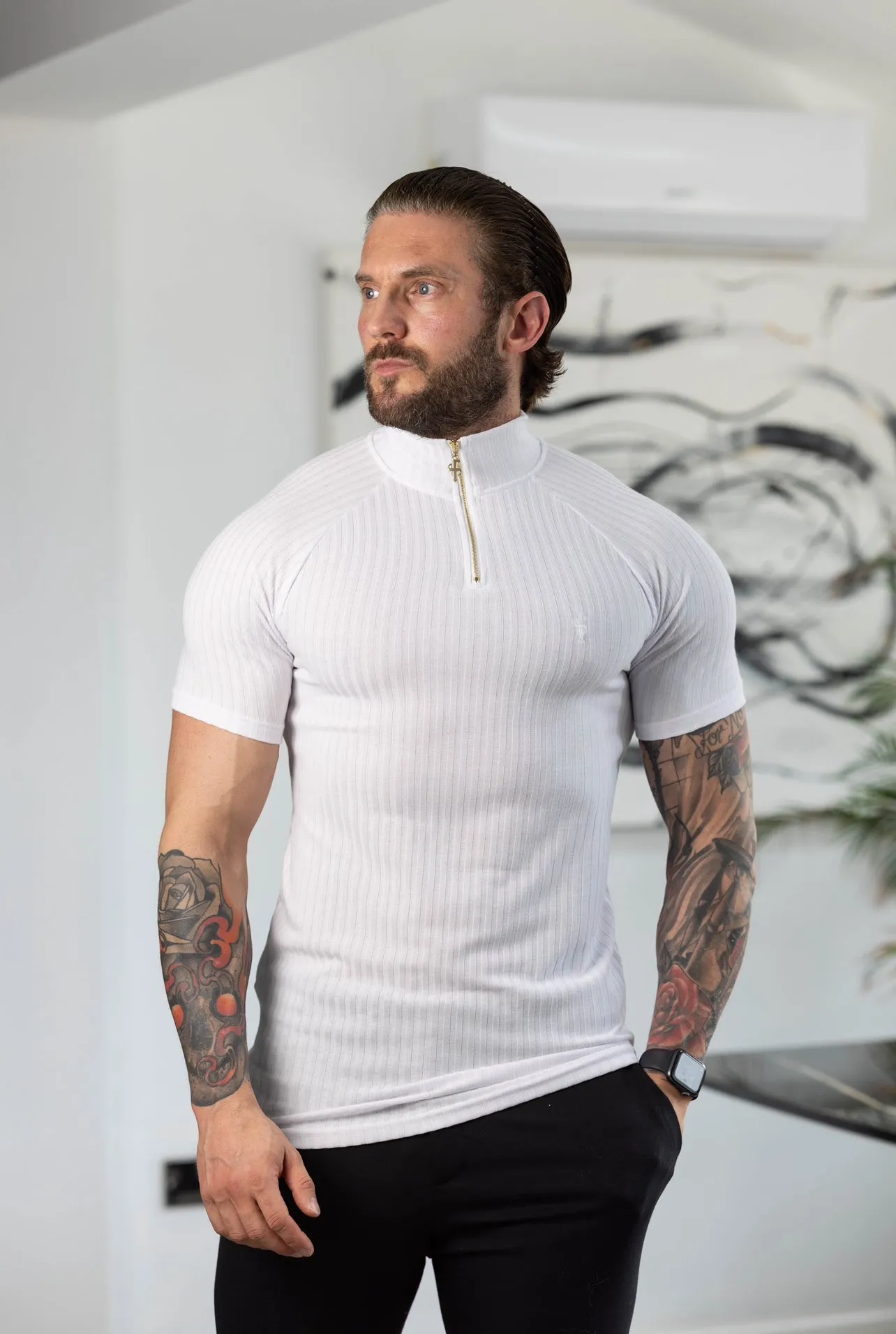 Father Sons Classic White / Gold Ribbed Zip Funnel Neck Raglan Short Sleeve Crew - FSH1266 sold by Father Sons product image thumbnail 2