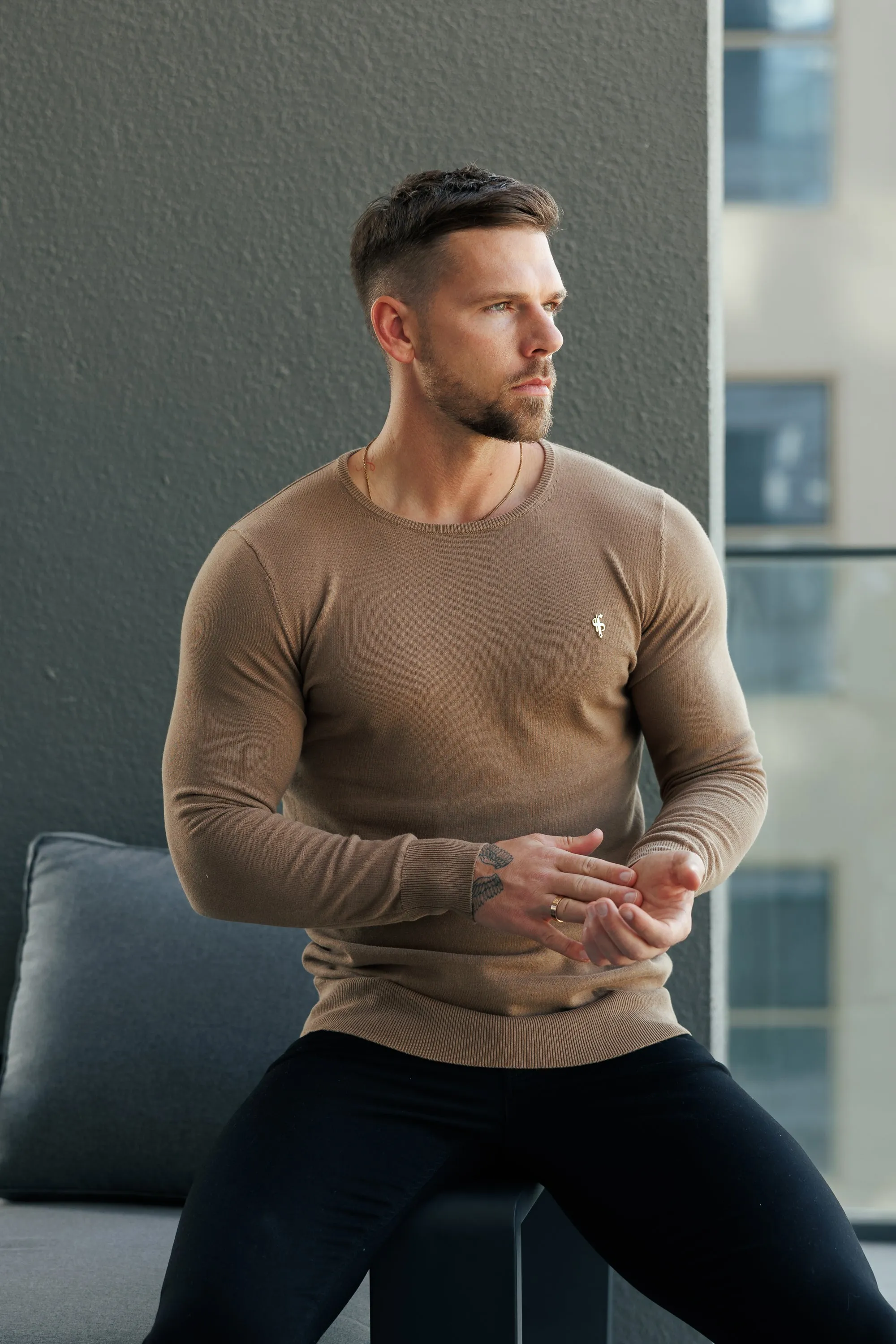 FS Camel Crew Neck Knitted Jumper With FS Branding - FSN200 sold by Father Sons product image thumbnail 4