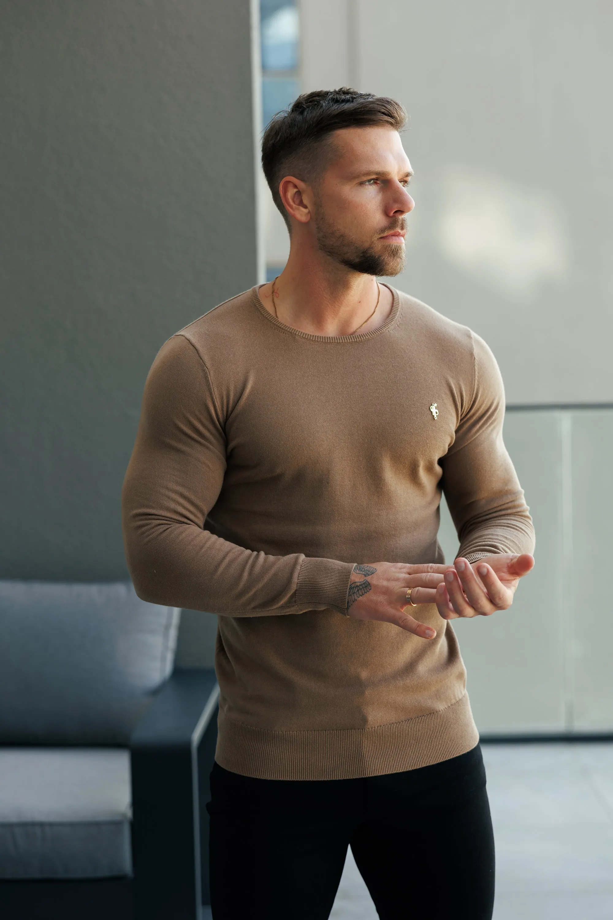 FS Camel Crew Neck Knitted Jumper With FS Branding - FSN200 sold by Father Sons product image thumbnail 3