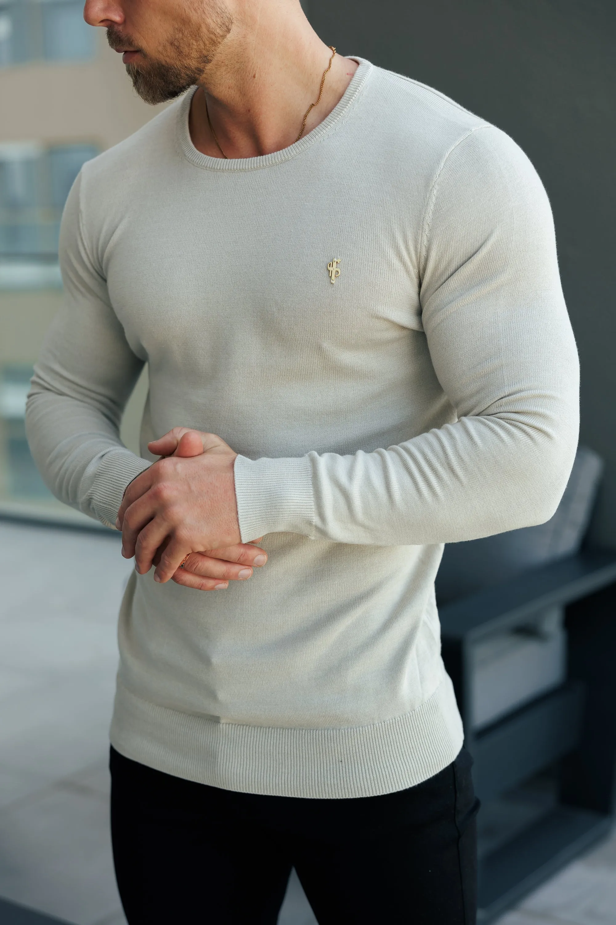 FS Beige Crew Neck Knitted Jumper With FS Branding - FSN195 sold by Father Sons product image thumbnail 2
