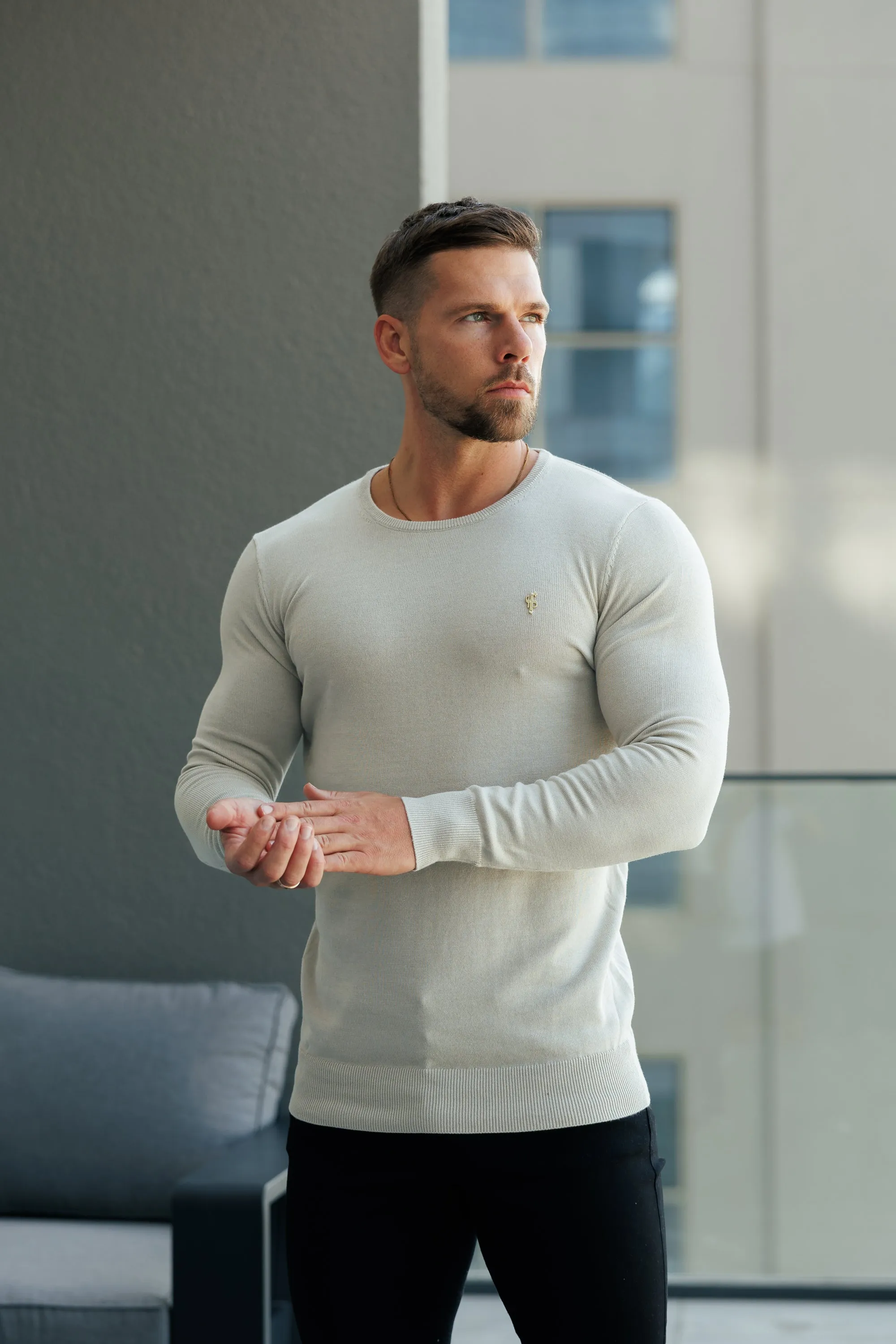 FS Beige Crew Neck Knitted Jumper With FS Branding - FSN195 sold by Father Sons product image thumbnail 3