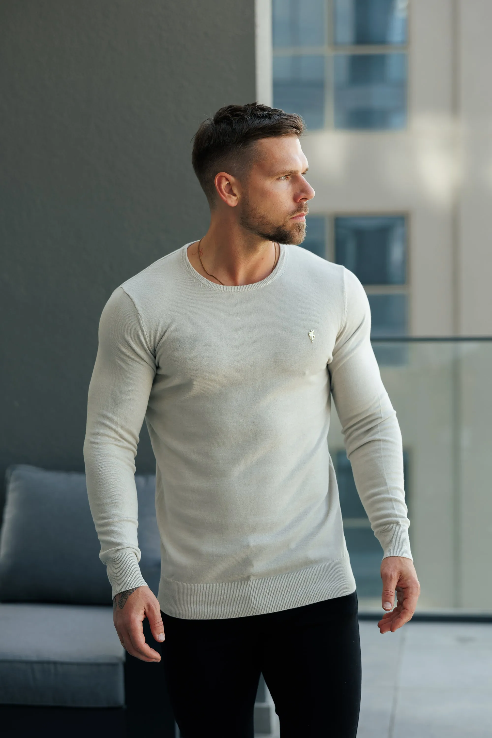 FS Beige Crew Neck Knitted Jumper With FS Branding - FSN195 sold by Father Sons