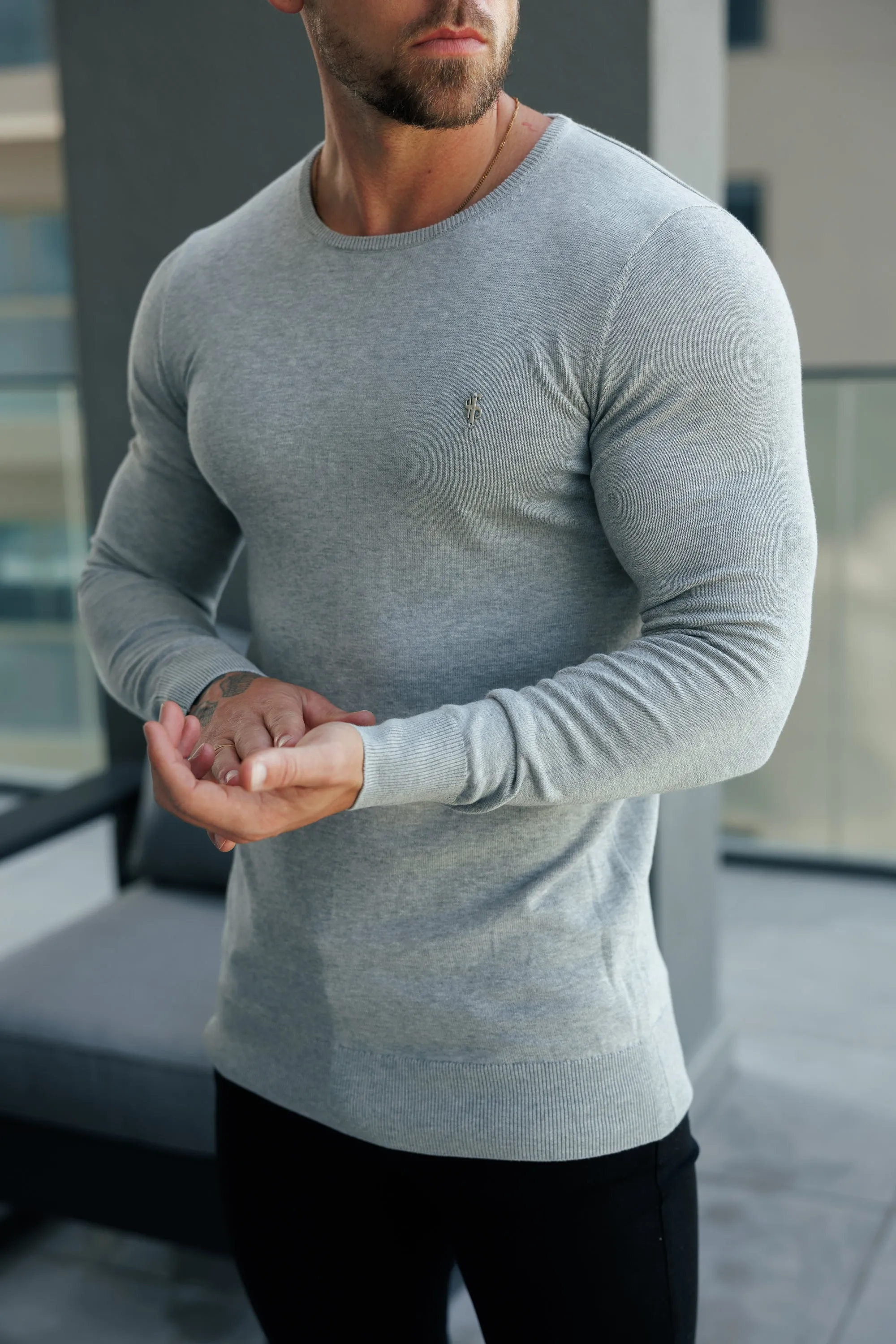 FS Light Grey Crew Neck Knitted Jumper With FS Branding - FSN199 sold by Father Sons product image thumbnail 3