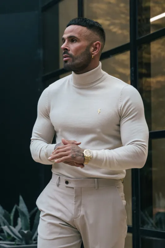FS Beige Roll Neck Knitted Jumper With FS Branding -  FSN204 sold by Father Sons