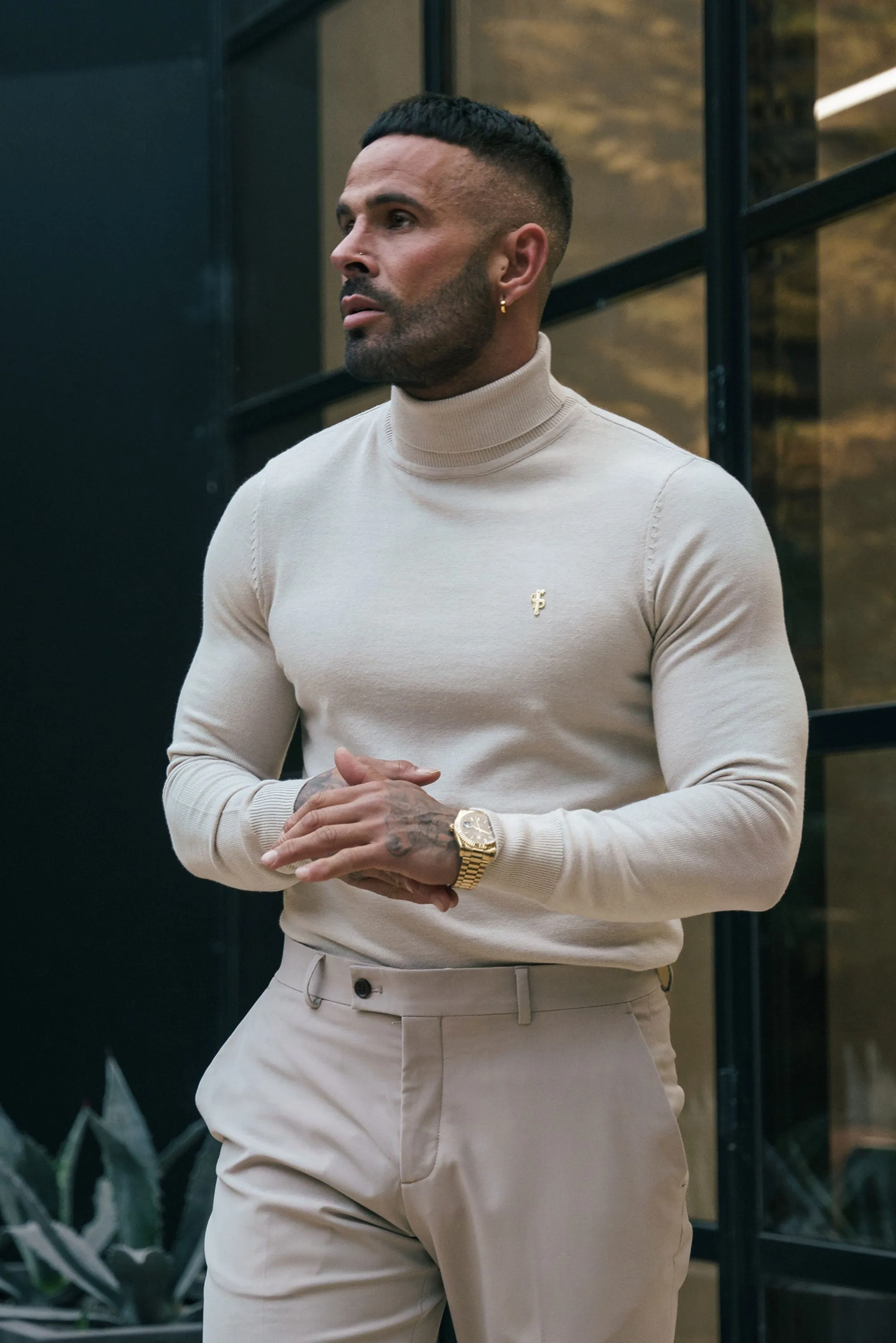 FS Beige Roll Neck Knitted Jumper With FS Branding - FSN204 sold by Father Sons