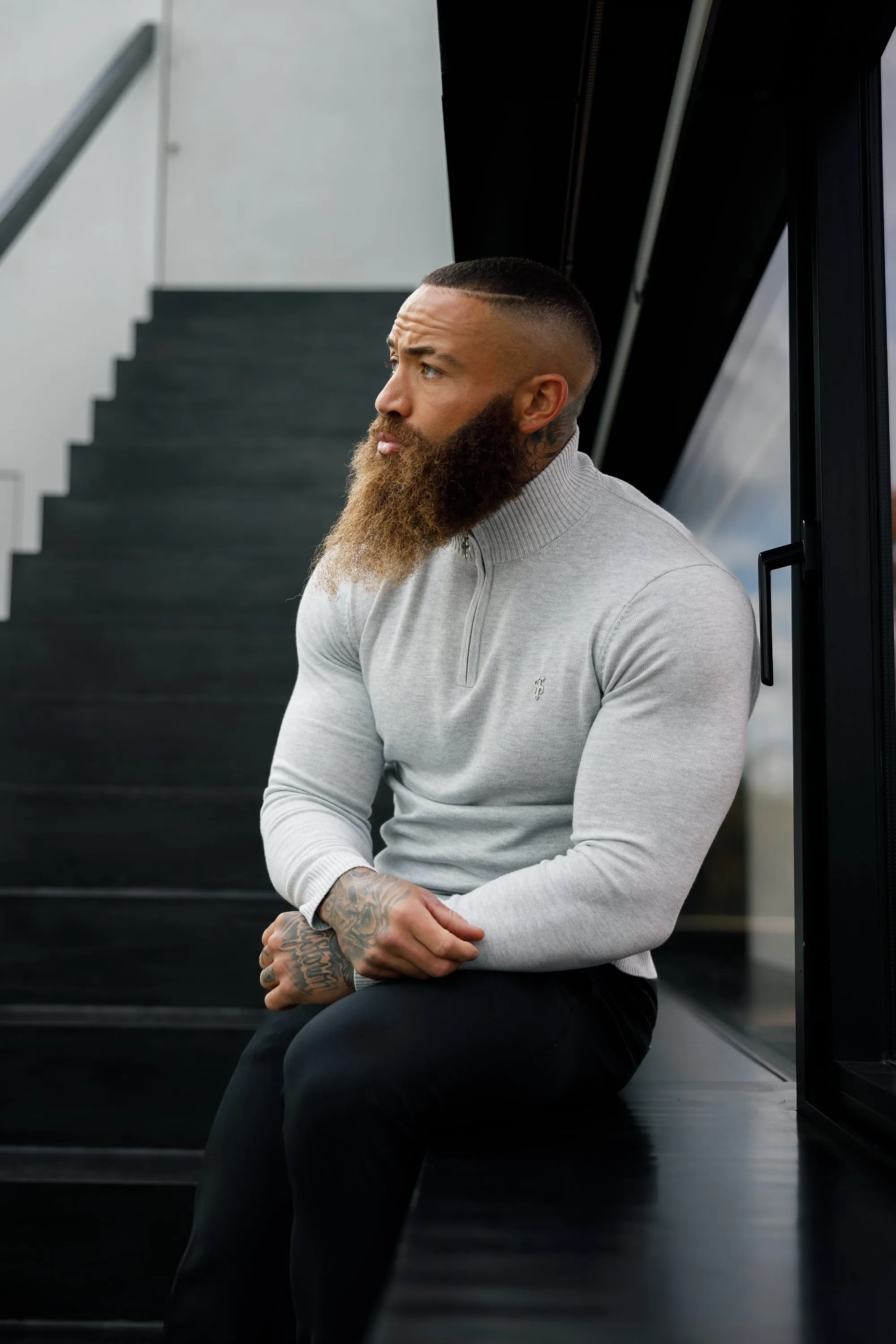 FS Light Grey Funnel Neck Knitted Jumper With FS Branding - FSN193 sold by Father Sons product image thumbnail 2