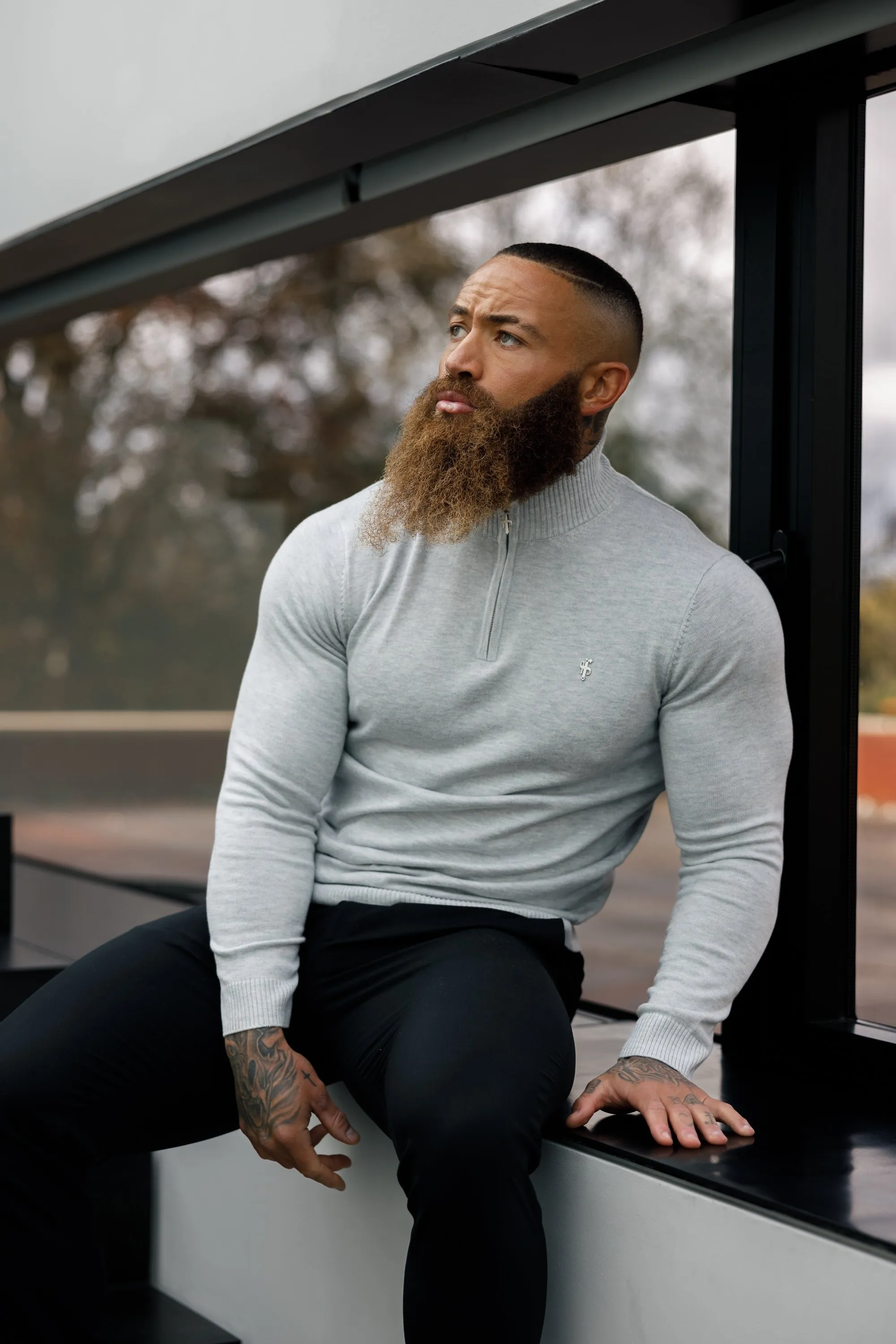 FS Light Grey Funnel Neck Knitted Jumper With FS Branding - FSN193 sold by Father Sons product image thumbnail 3