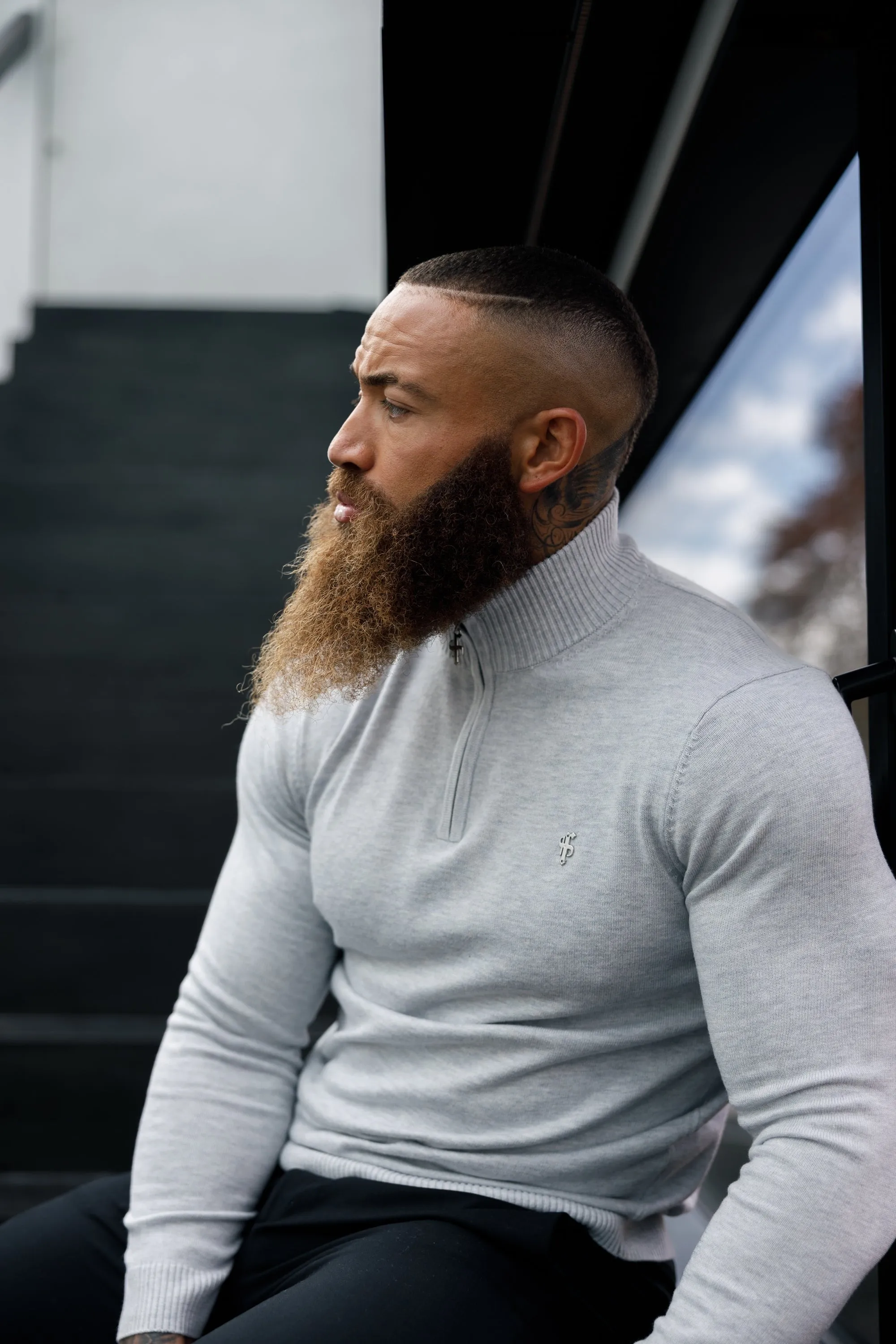 FS Light Grey Funnel Neck Knitted Jumper With FS Branding - FSN193 sold by Father Sons