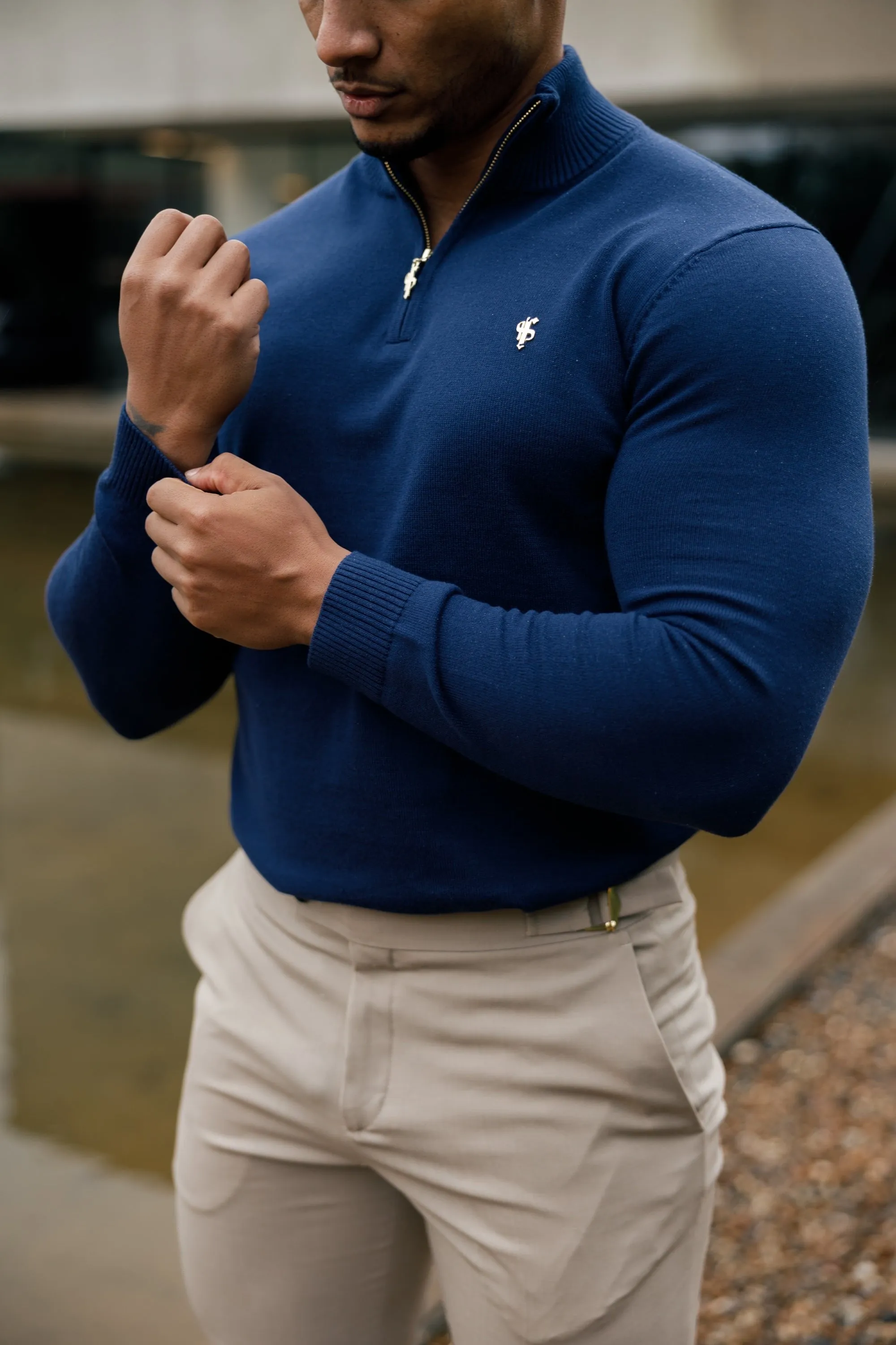 FS Navy Funnel Neck Knitted Jumper With FS Branding - FSN191 sold by Father Sons