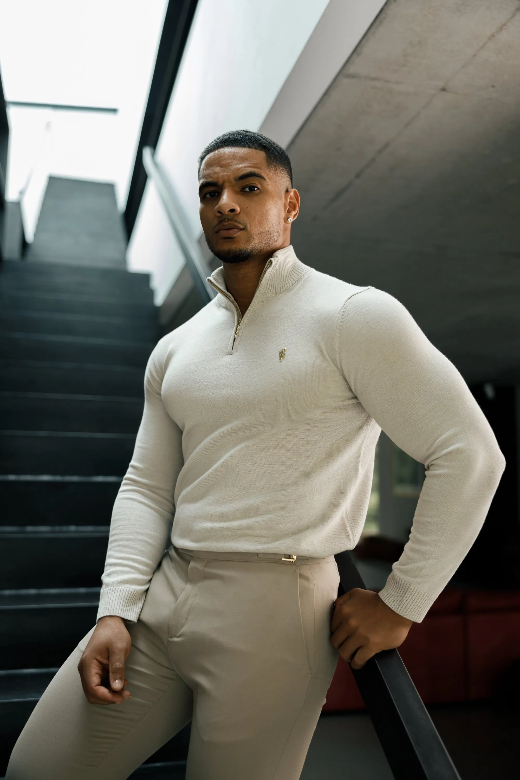 FS Beige Funnel Neck Knitted Jumper With FS Branding - FSN190 sold by Father Sons product image thumbnail 2