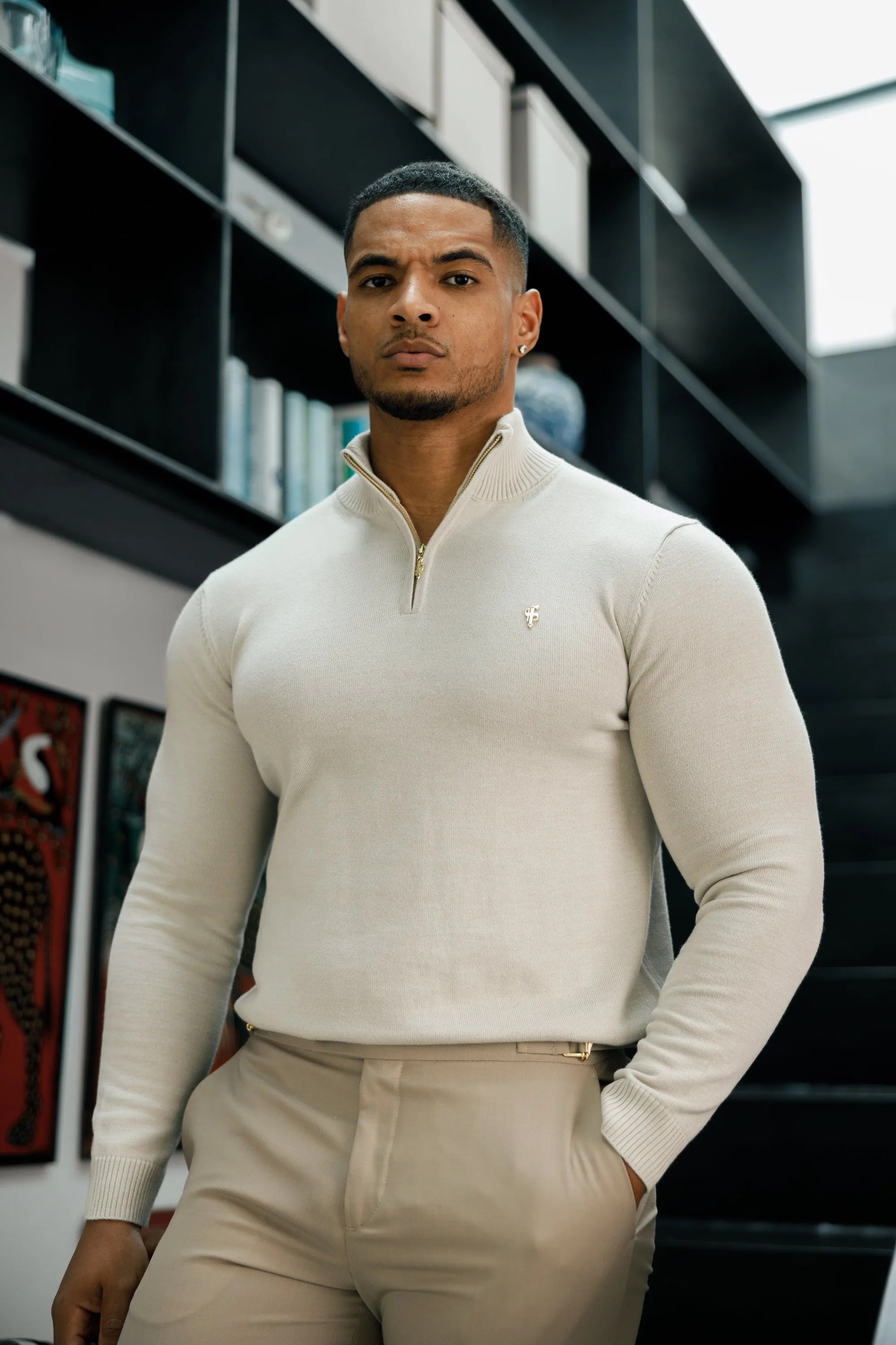 FS Beige Funnel Neck Knitted Jumper With FS Branding - FSN190 sold by Father Sons product image thumbnail 3