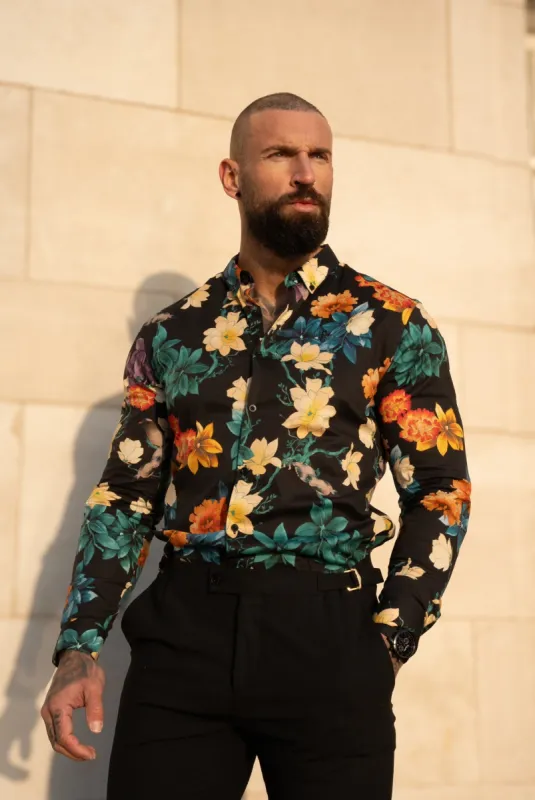 Classic Stretch LS Black Vibrant Floral Print Button Down Collar - FS1154 made by Father Sons