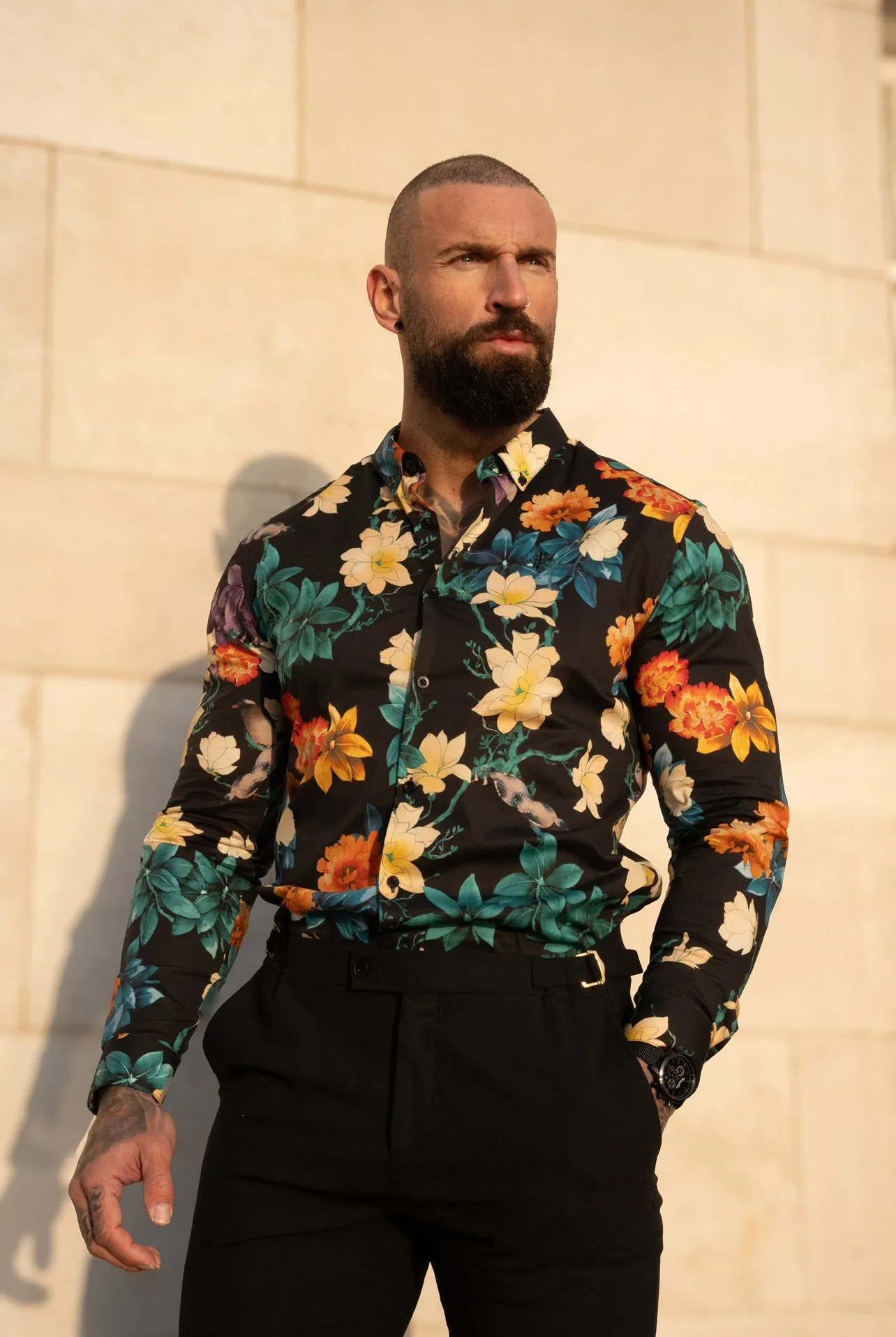 Classic Stretch LS Black Vibrant Floral Print Button Down Collar - FS1154 sold by Father Sons