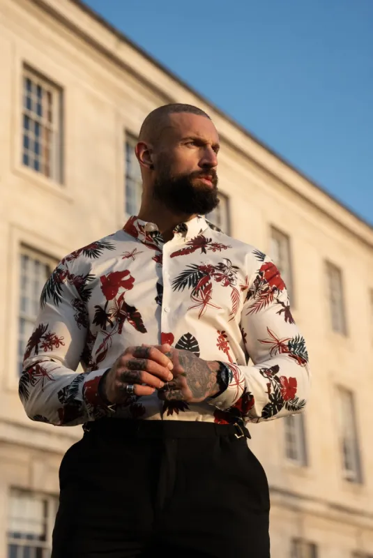 Classic Stretch LS White / Rust Floral Print Button Down Collar - FS1155 sold by Father Sons