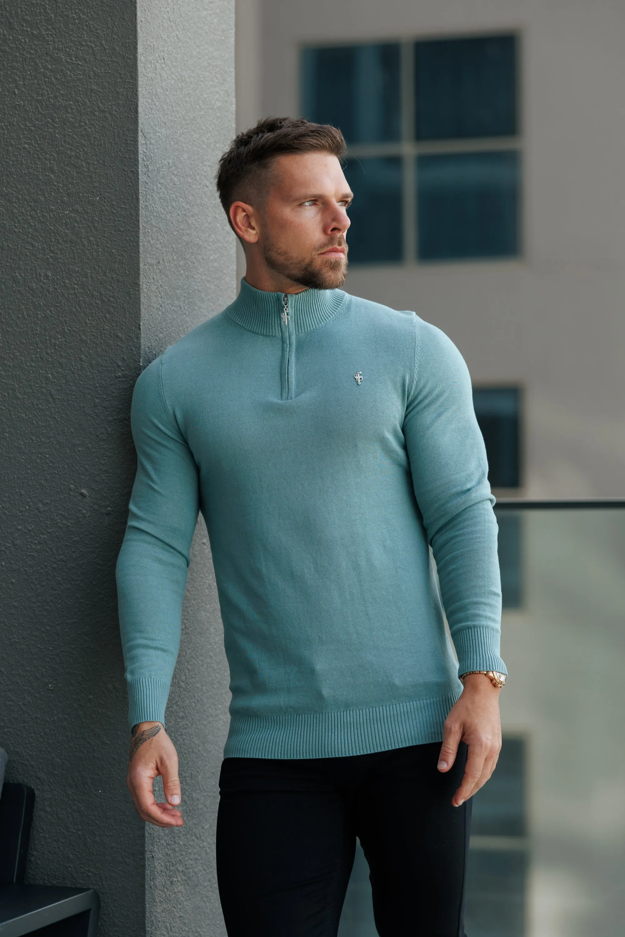 FS Teal Funnel Neck Knitted Jumper With FS Branding - FSN189 sold by Father Sons product image thumbnail 2