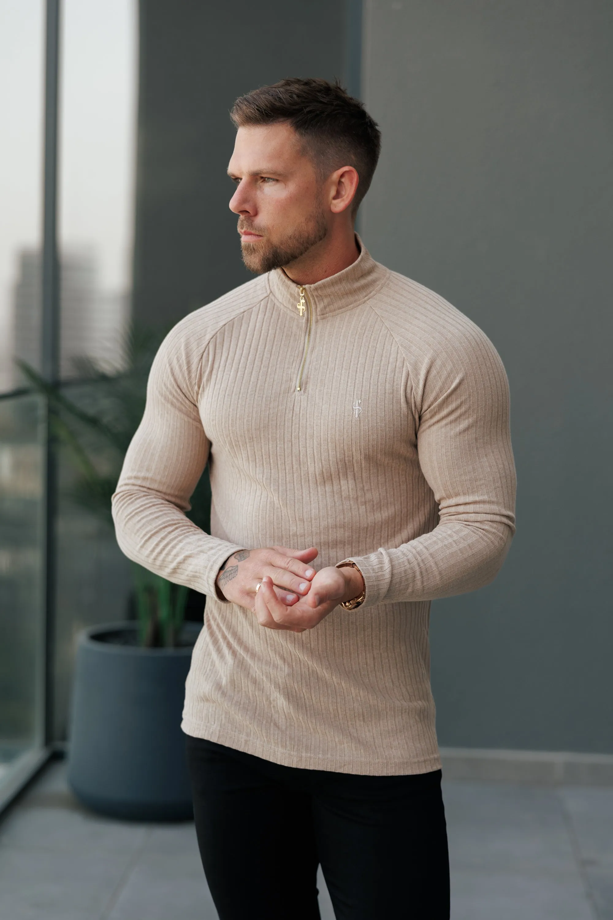 FS Classic Beige Ribbed Zip Funnel Neck Raglan Long Sleeve Crew - FSH1299 sold by Father Sons