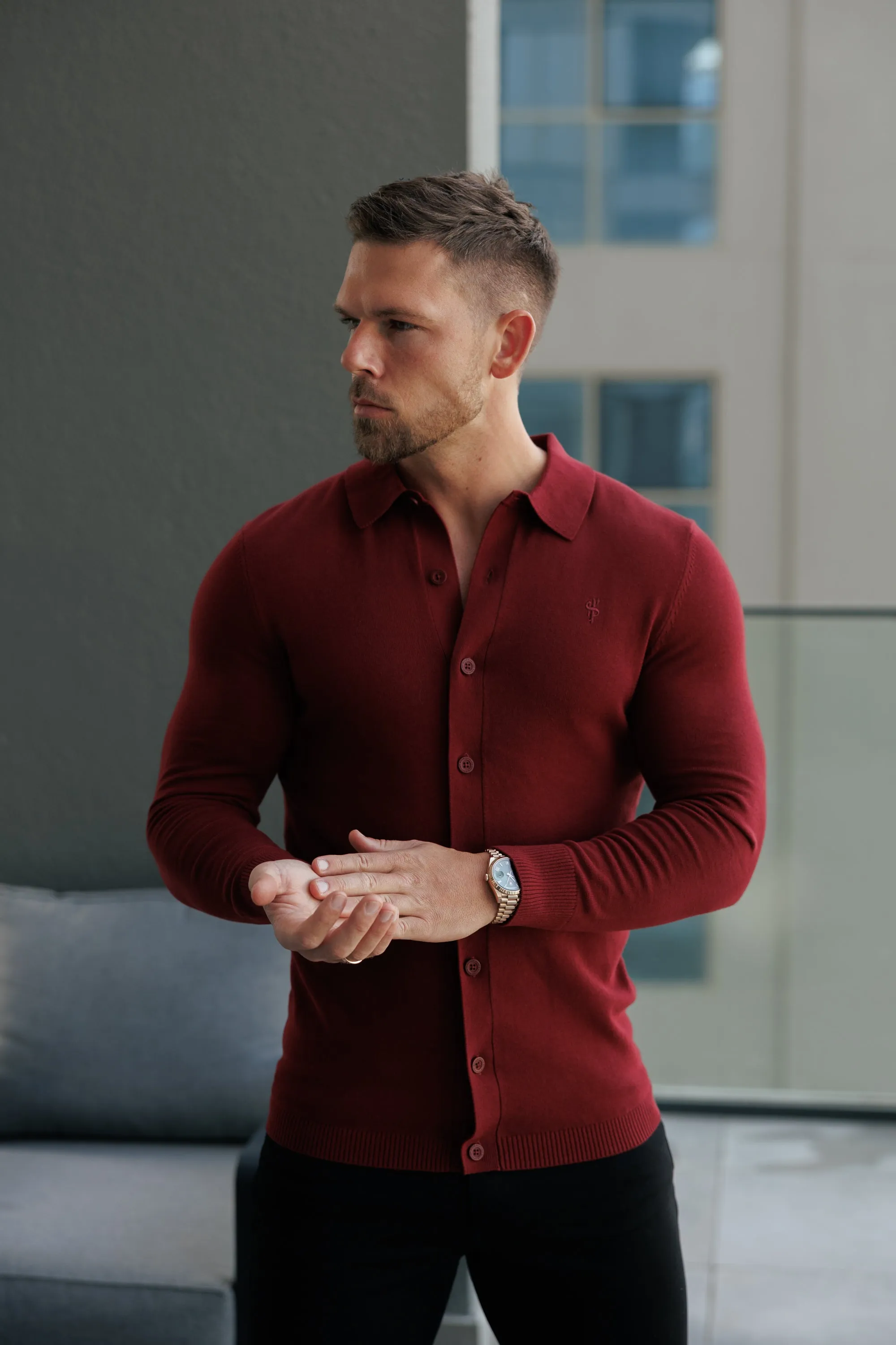 Classic Plain Burgundy Knitted Button Through Polo Long Sleeve - FSN214 sold by Father Sons product image thumbnail 5