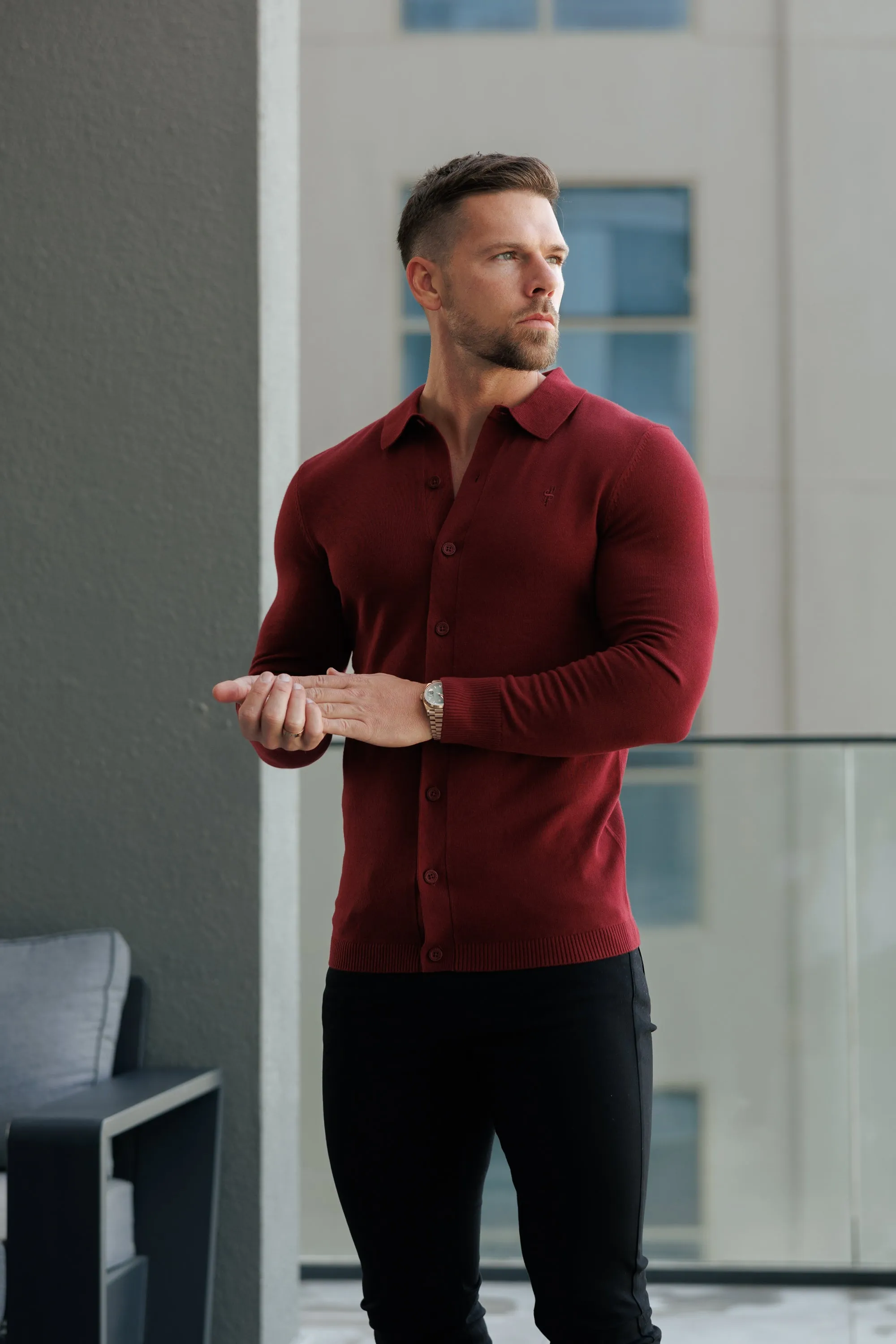 Classic Plain Burgundy Knitted Button Through Polo Long Sleeve - FSN214 sold by Father Sons product image thumbnail 4