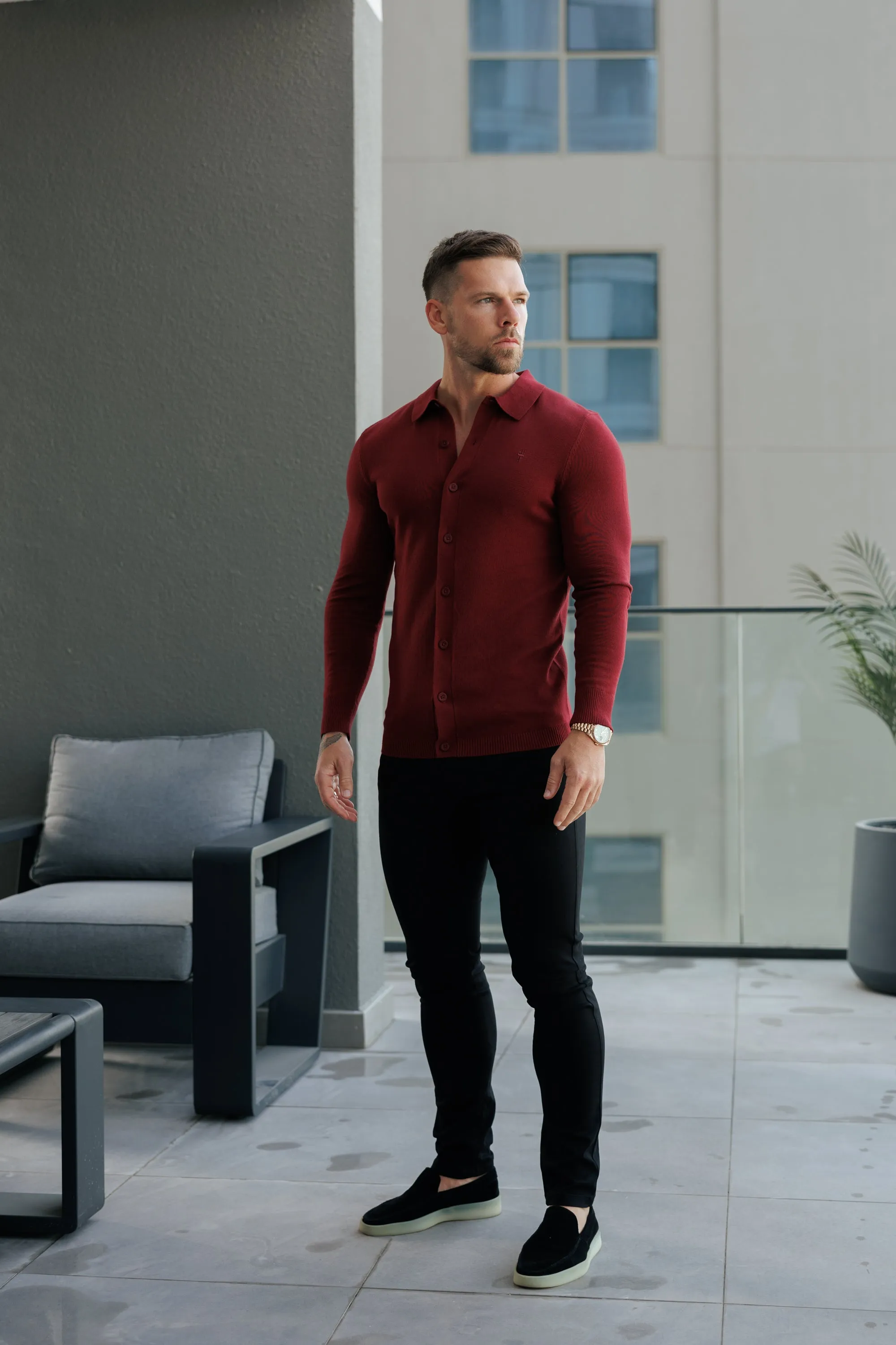 Classic Plain Burgundy Knitted Button Through Polo Long Sleeve - FSN214 sold by Father Sons product image thumbnail 3