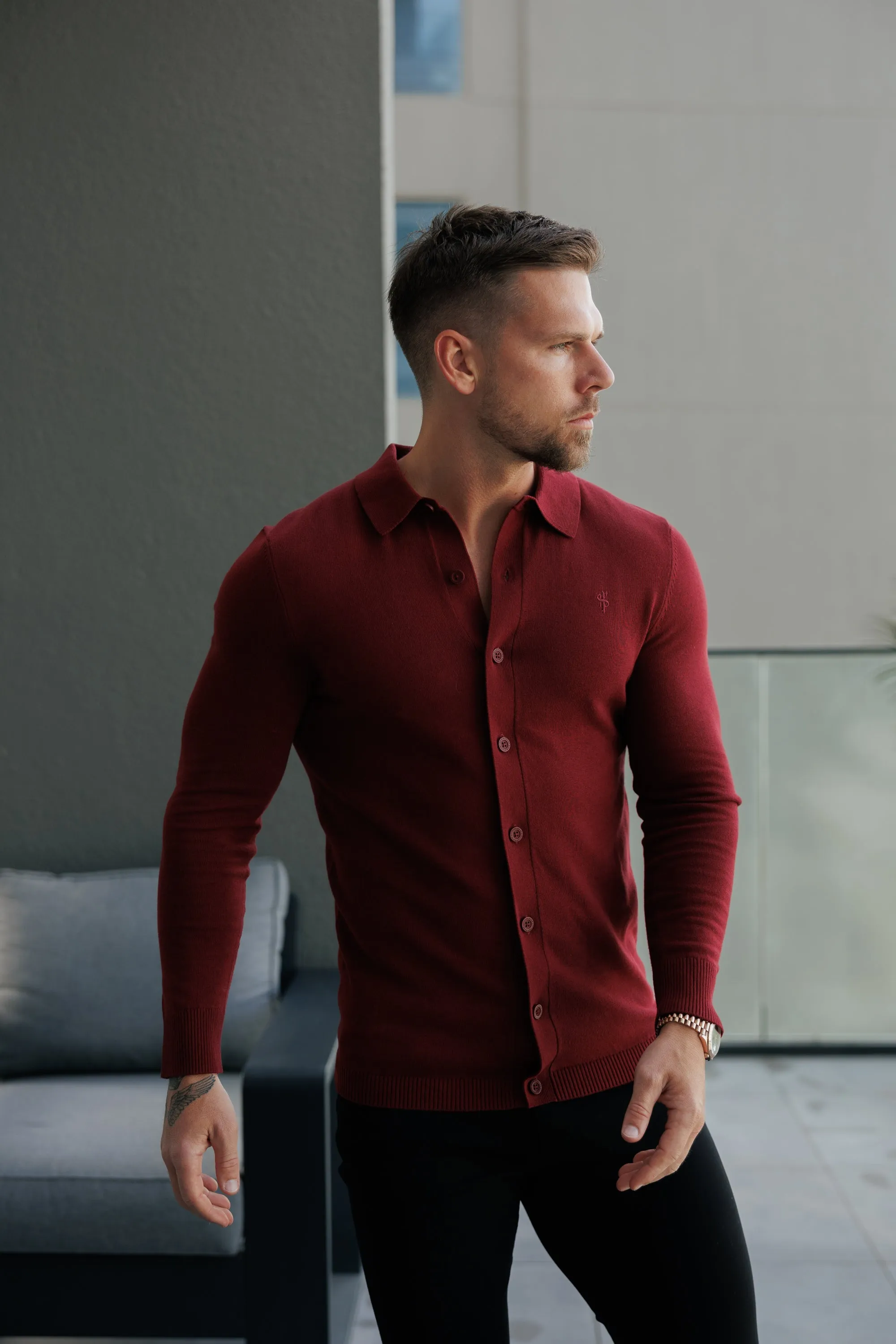 Classic Plain Burgundy Knitted Button Through Polo Long Sleeve - FSN214 sold by Father Sons product image thumbnail 2