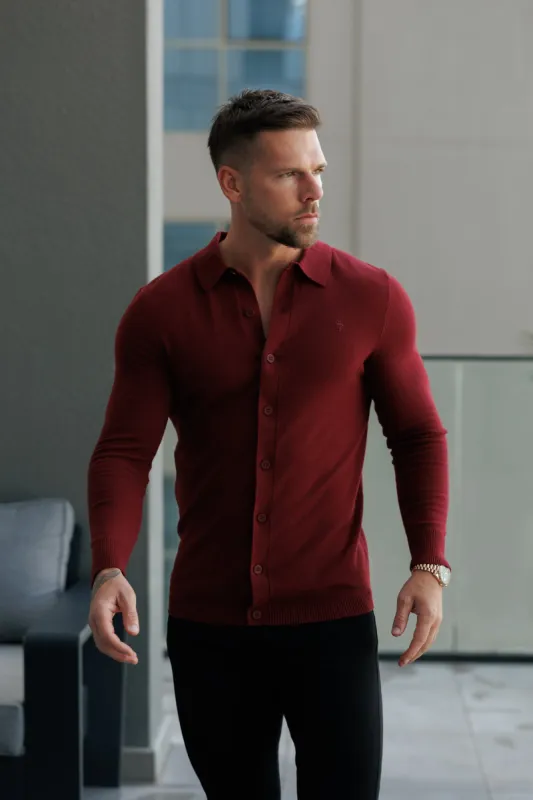 Classic Plain Burgundy Knitted Button Through Polo Long Sleeve - FSN214 sold by Father Sons