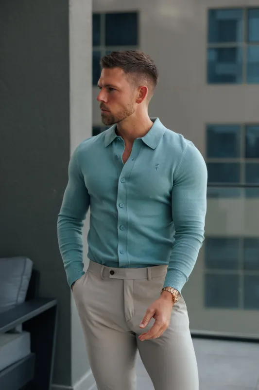 Father Sons Classic Plain Teal Knitted Button Through Polo Long Sleeve - FSN213 sold by Father Sons