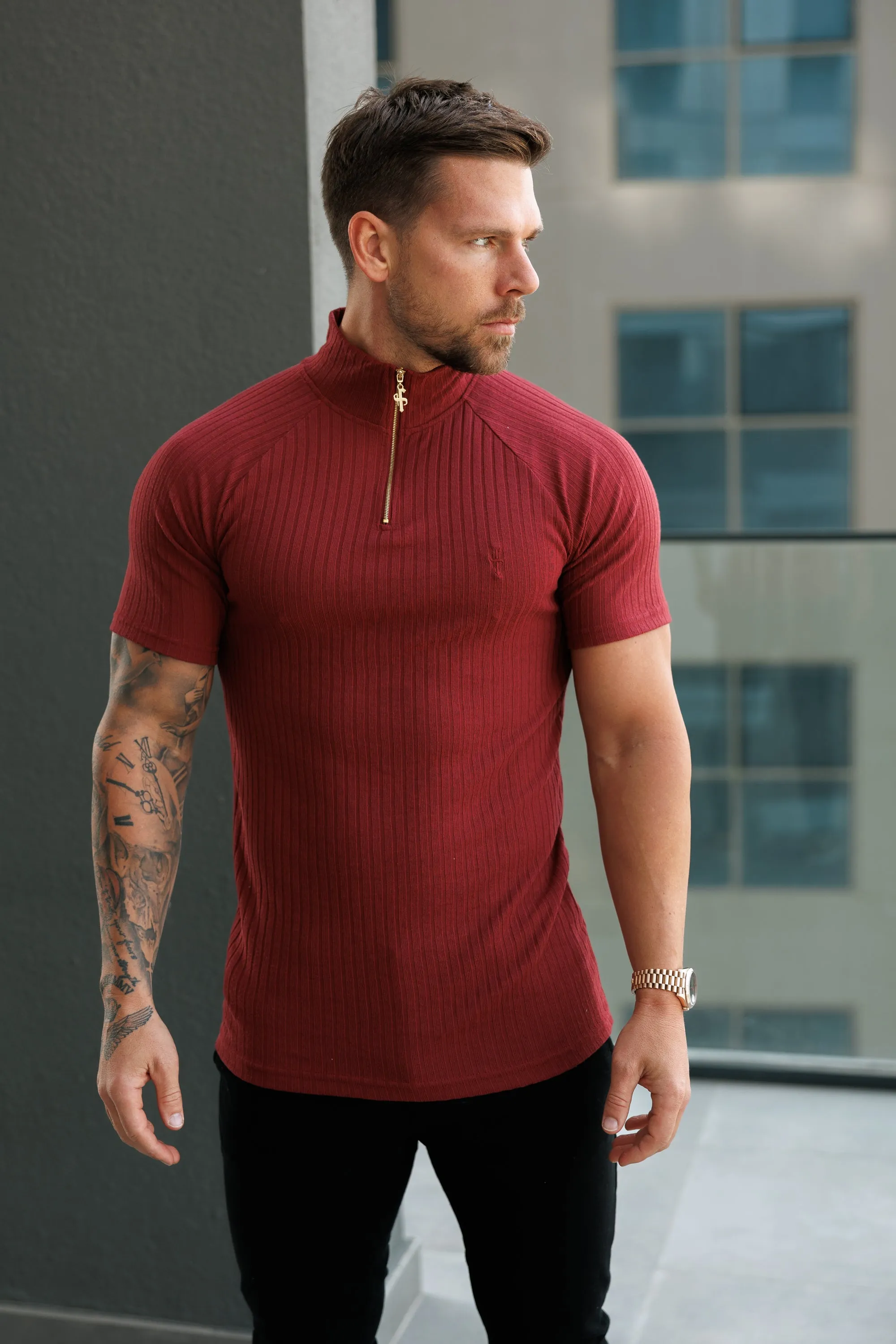 Father Sons Classic Burgundy Ribbed Zip Funnel Neck Raglan Short Sleeve Crew - FSH1293 sold by Father Sons product image thumbnail 3