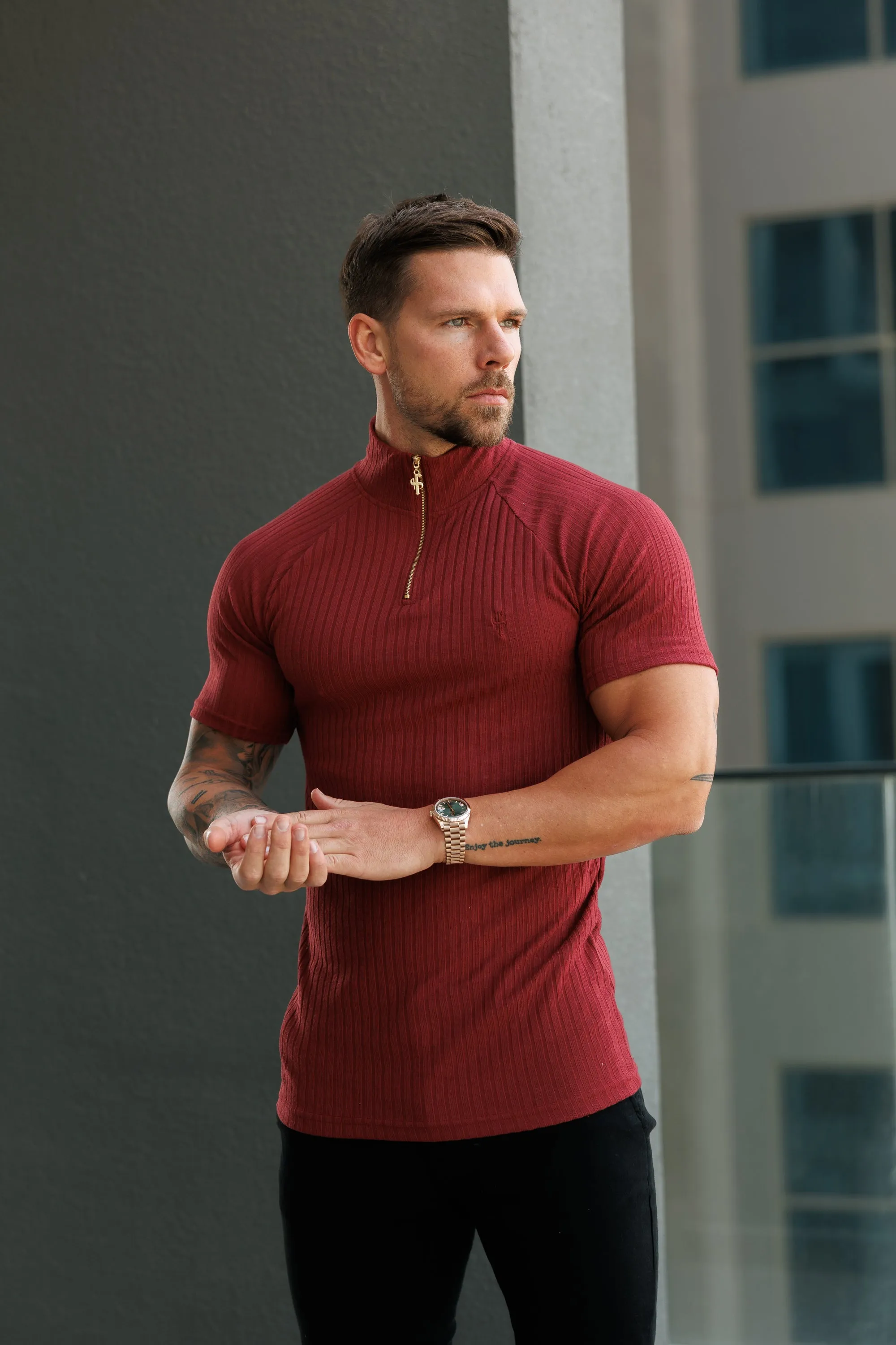 Father Sons Classic Burgundy Ribbed Zip Funnel Neck Raglan Short Sleeve Crew - FSH1293 sold by Father Sons product image thumbnail 2