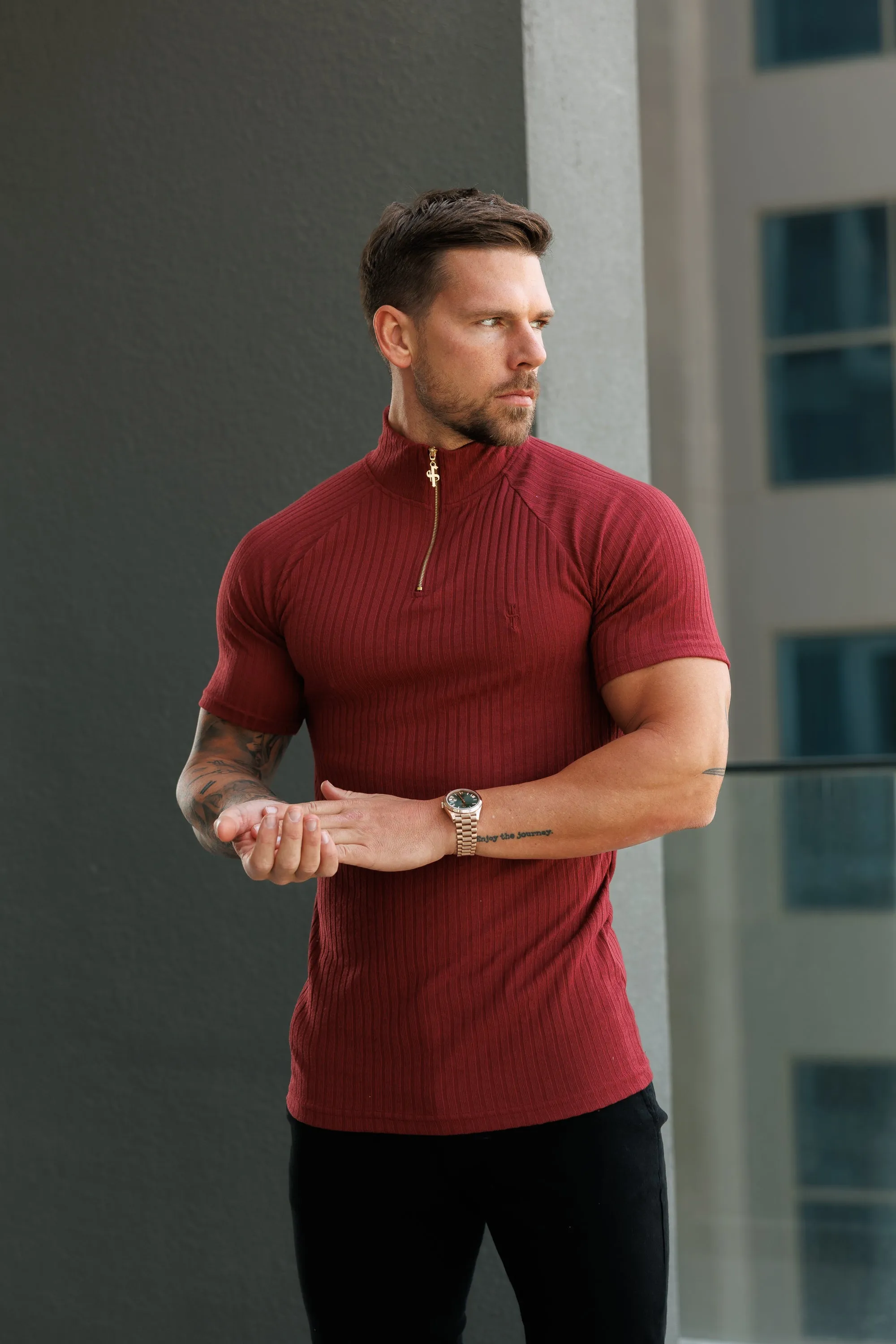Father Sons Classic Burgundy Ribbed Zip Funnel Neck Raglan Short Sleeve Crew - FSH1293 sold by Father Sons product image thumbnail 4
