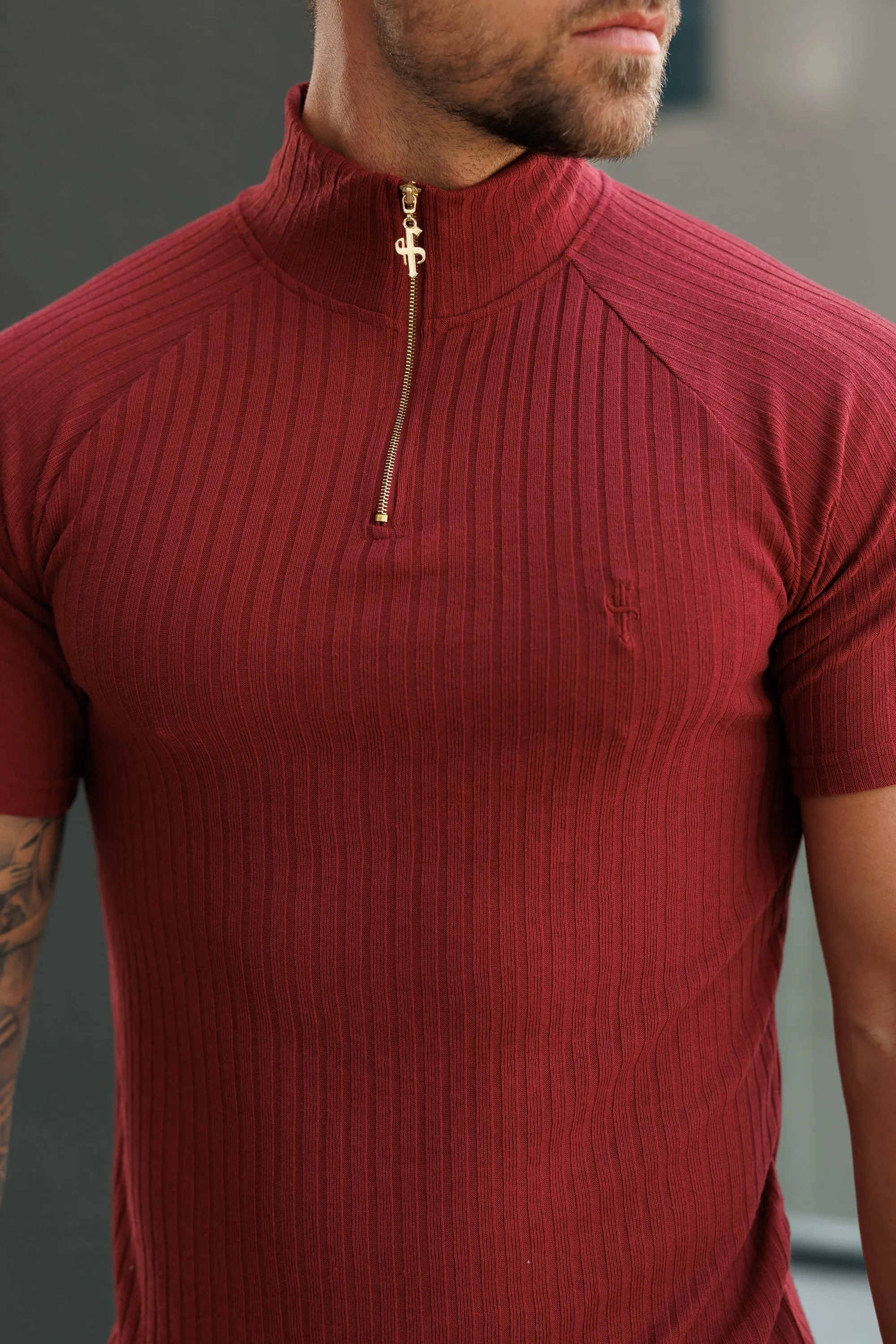 Father Sons Classic Burgundy Ribbed Zip Funnel Neck Raglan Short Sleeve Crew - FSH1293 sold by Father Sons product image thumbnail 5