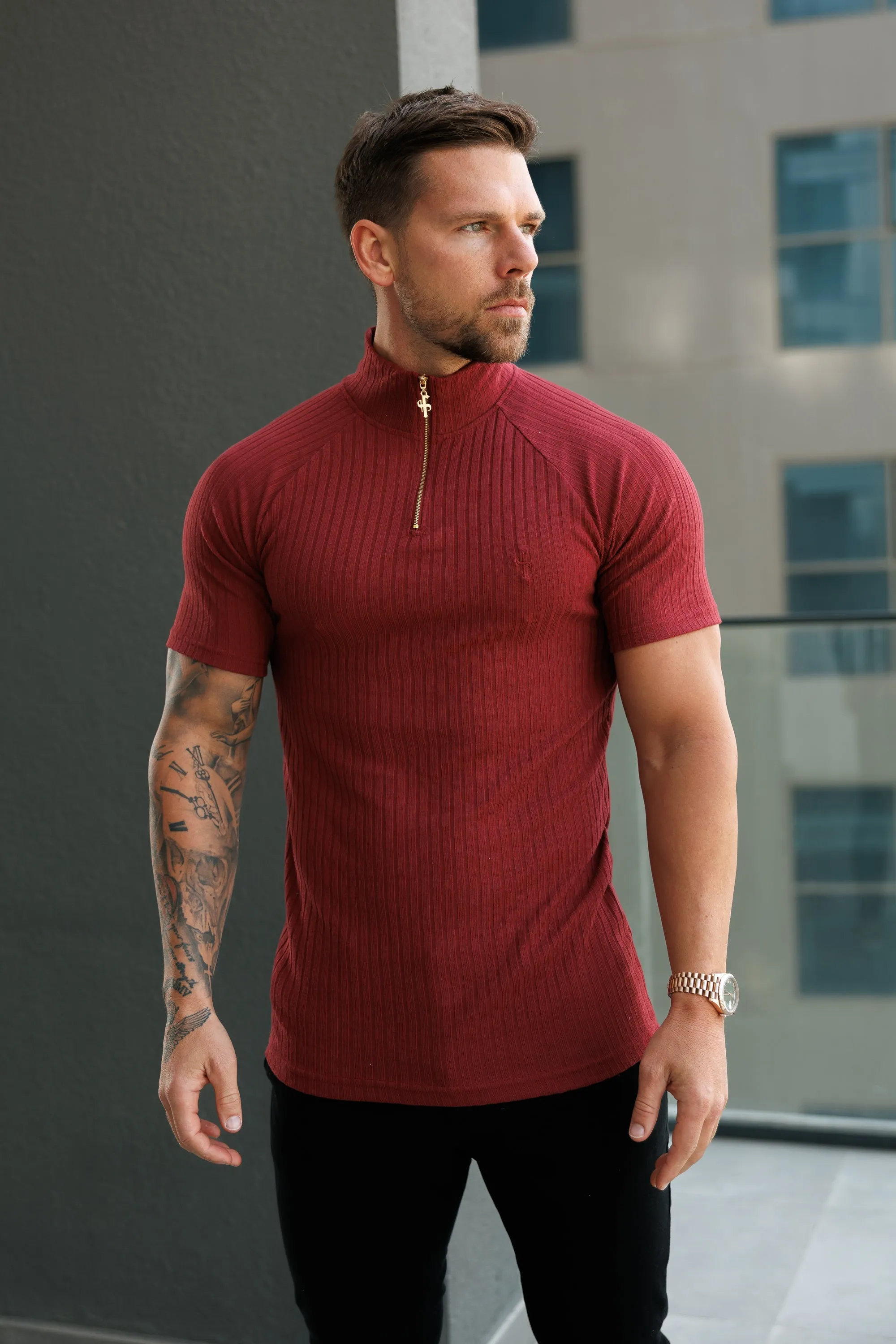 Father Sons Classic Burgundy Ribbed Zip Funnel Neck Raglan Short Sleeve Crew - FSH1293 sold by Father Sons