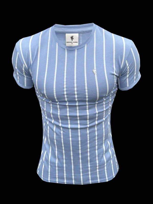 Father Sons Printed Light Blue / White Stripe Fitted T Shirt - FSH1169 sold by Father Sons
