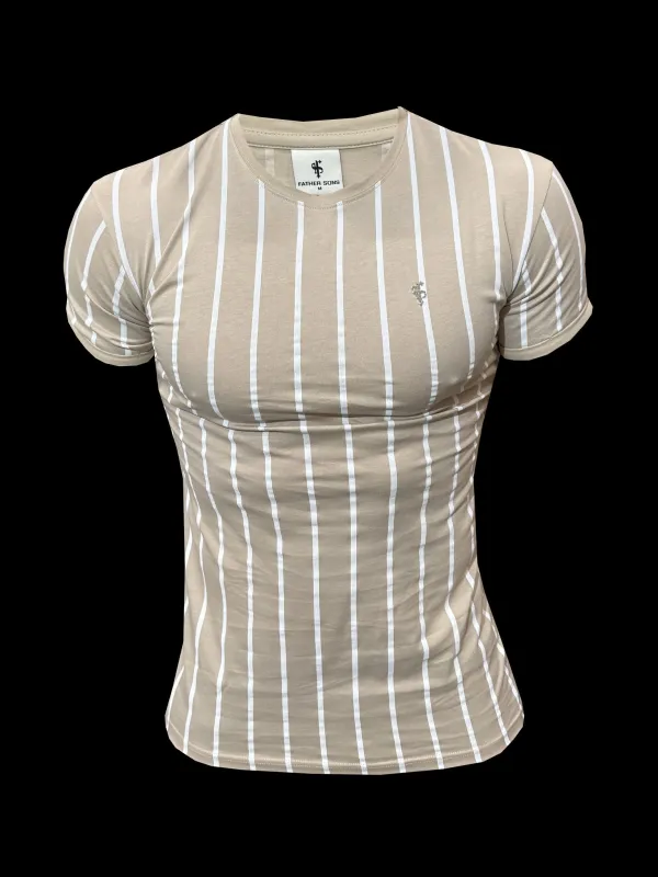 Father Sons Printed Taupe / White Stripe Fitted T Shirt - FSH1170 sold by Father Sons