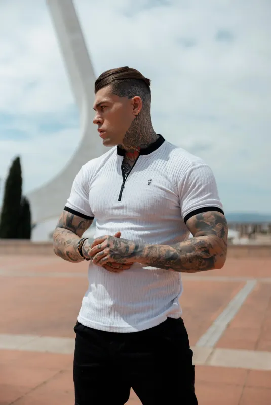 Father Sons Classic White / Black Ribbed Zip Grandad Collar Shirt Short Sleeve - FSH815 sold by Father Sons