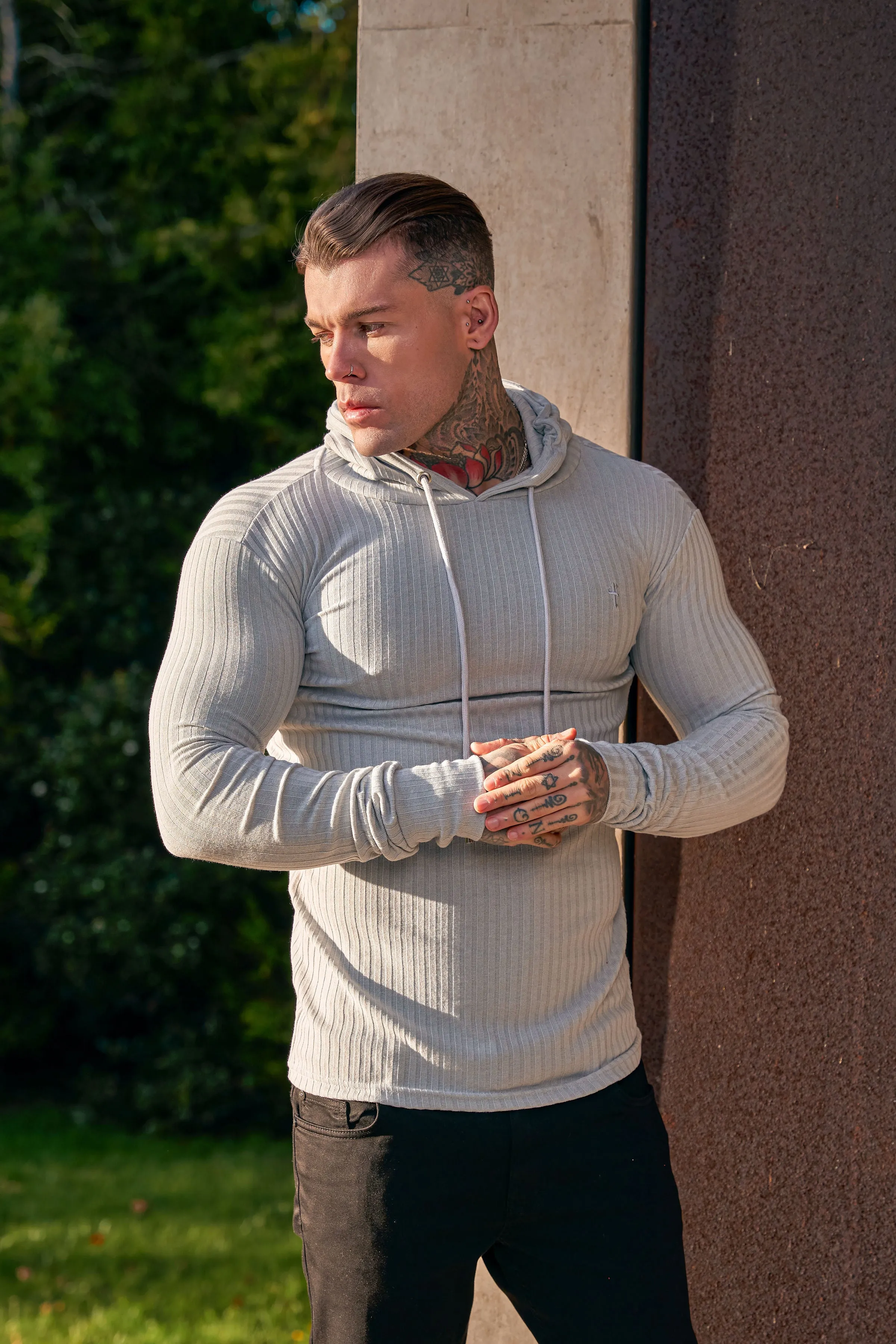 Father Sons Classic Light Grey Ribbed Knit Hoodie Jumper - FSH905 sold by Father Sons product image thumbnail 2