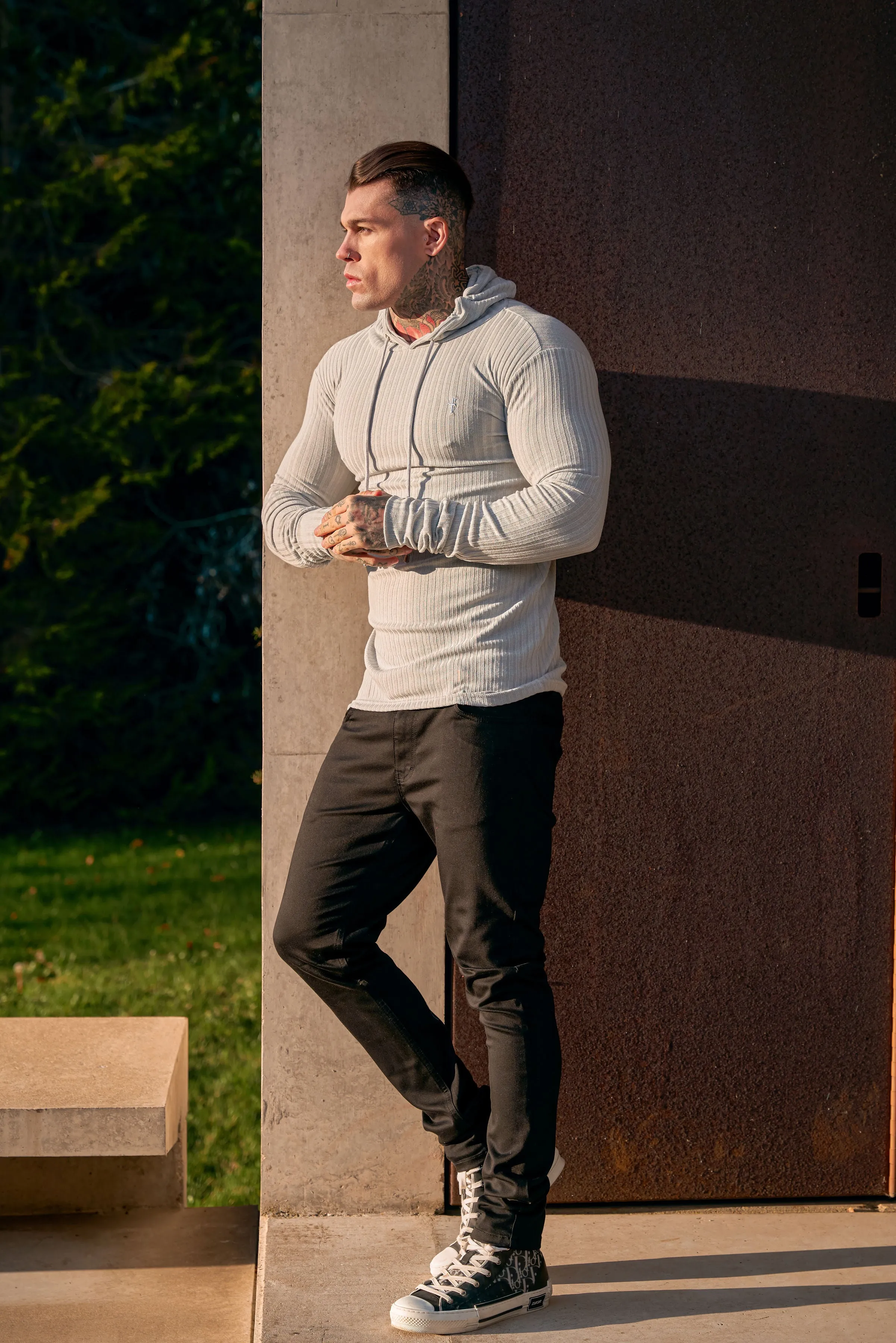 Father Sons Classic Light Grey Ribbed Knit Hoodie Jumper - FSH905 sold by Father Sons product image thumbnail 4