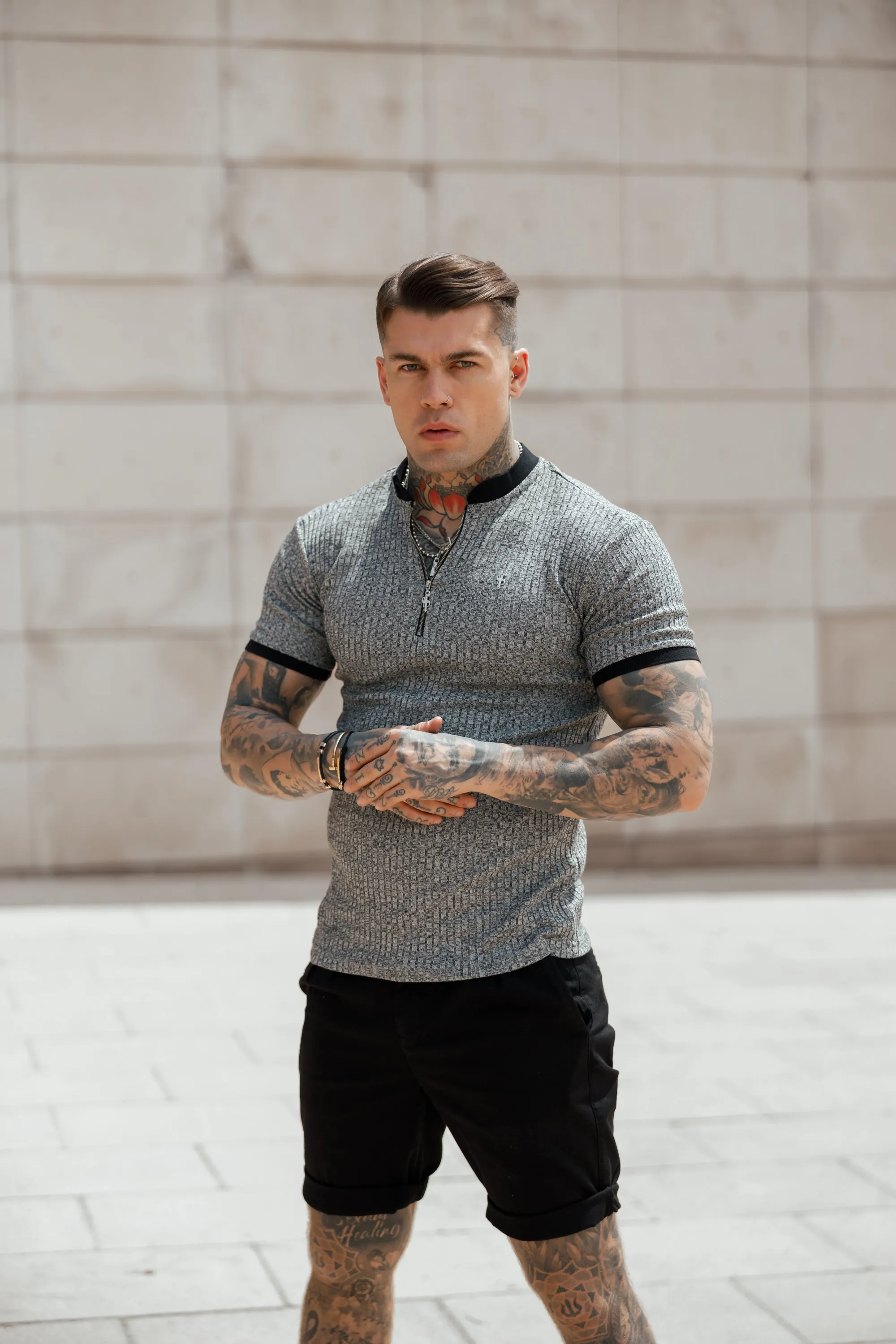 Father Sons Classic Grey Ribbed Zip Grandad Collar Shirt Short Sleeve - FSH762 sold by Father Sons