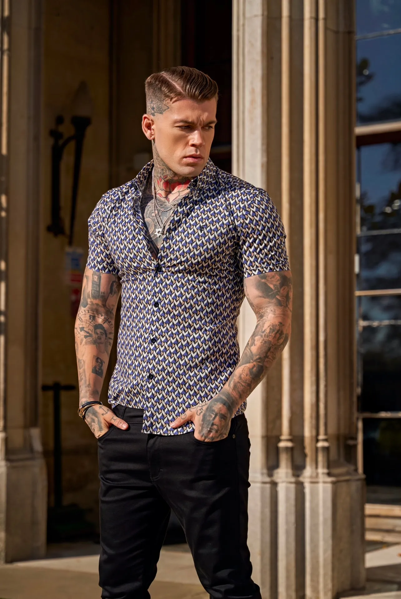 Father Sons Super Slim Stretch Blue / Beige Chevron Print Short Sleeve with Button Down Collar - FS903 sold by Father Sons product image thumbnail 3