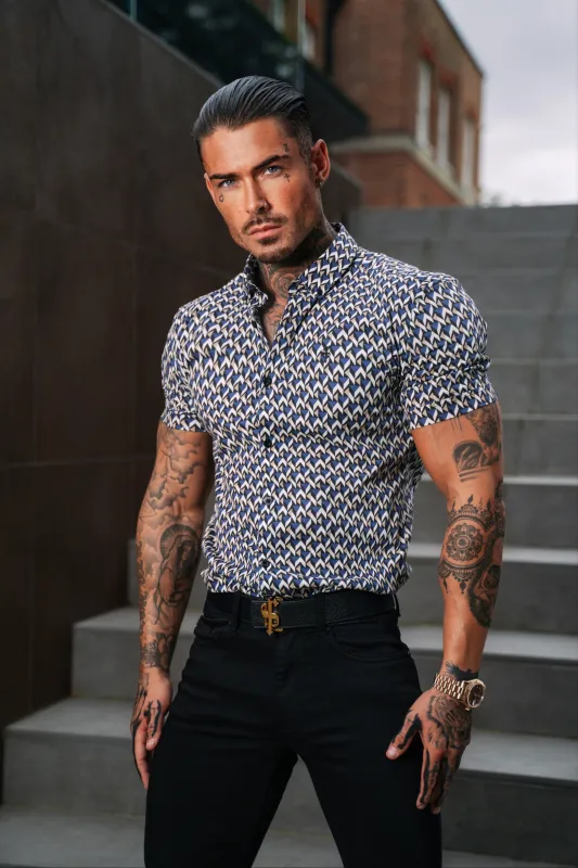 Father Sons Super Slim Stretch Blue / Beige Chevron Print Short Sleeve with Button Down Collar - FS903 sold by Father Sons